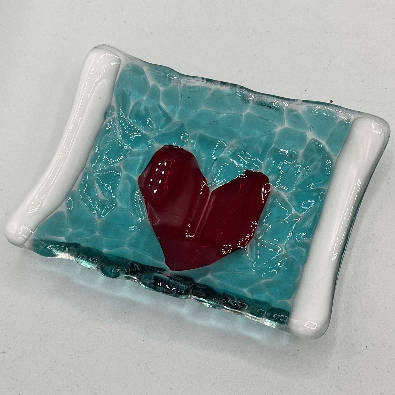 Brett Garrett, Fused Glass Soap Dish, Red Heart on Blue and White Background