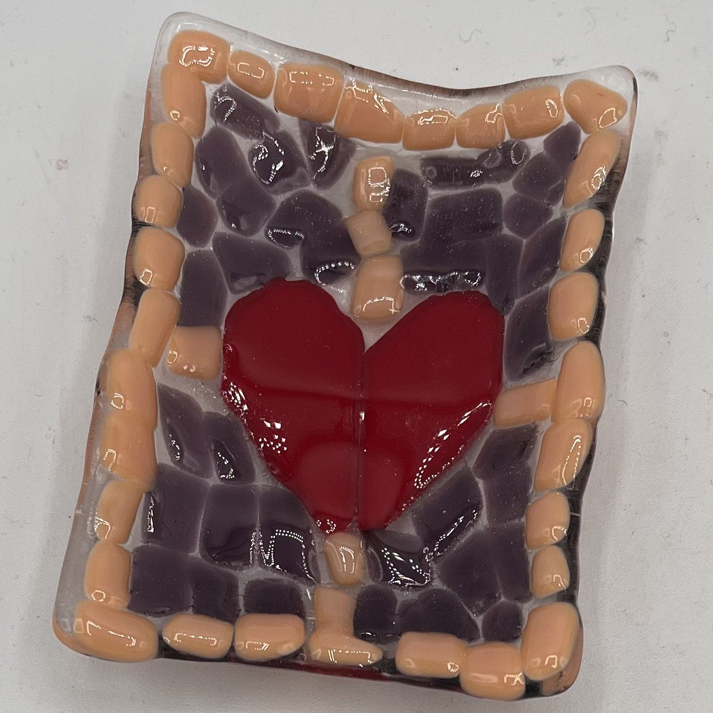 Beth Shaw, Fused Glass Soap Dish, Red Heart on Purple and Pink Background