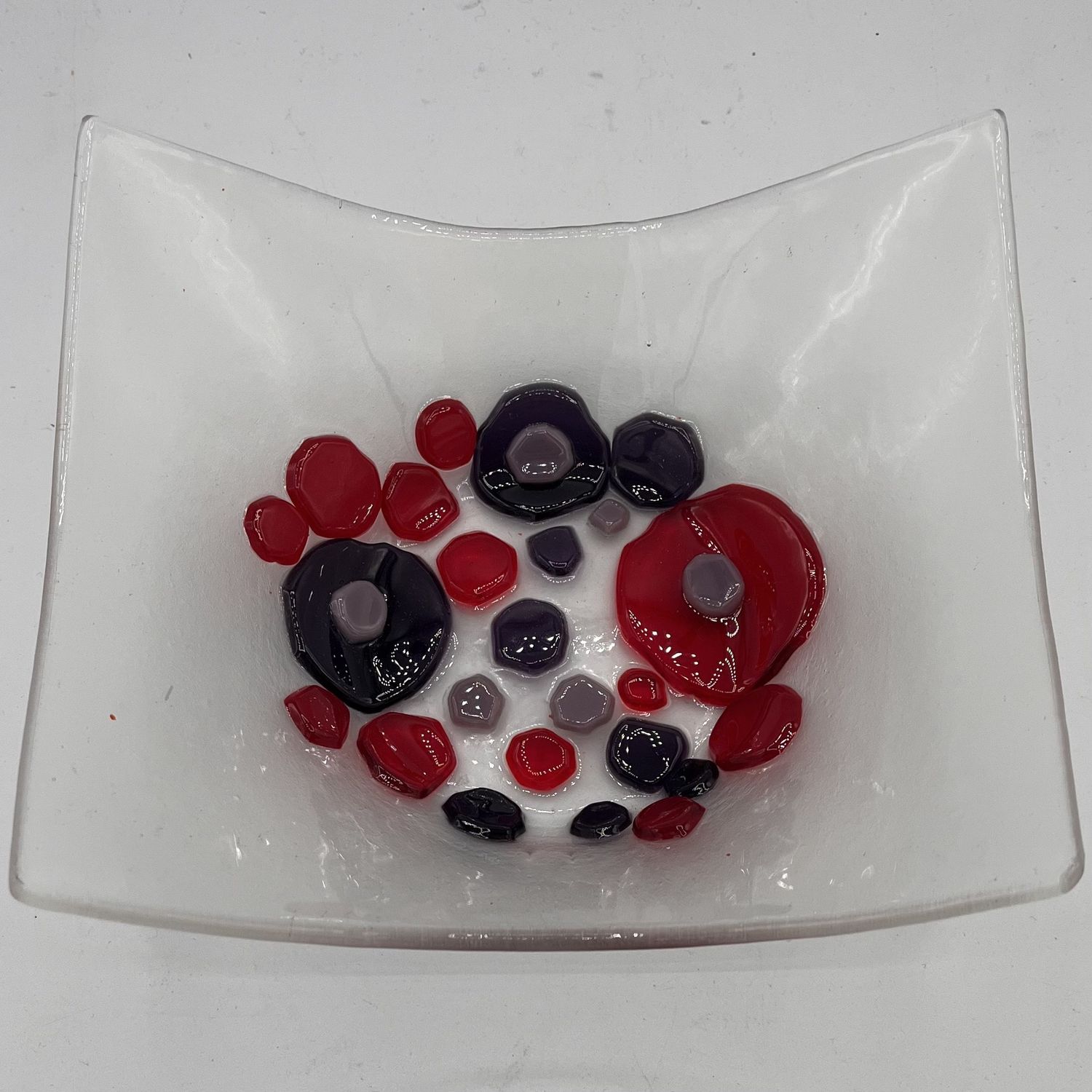 Kara Burgdorf, Fused Glass Dish, Red and Purple Circles