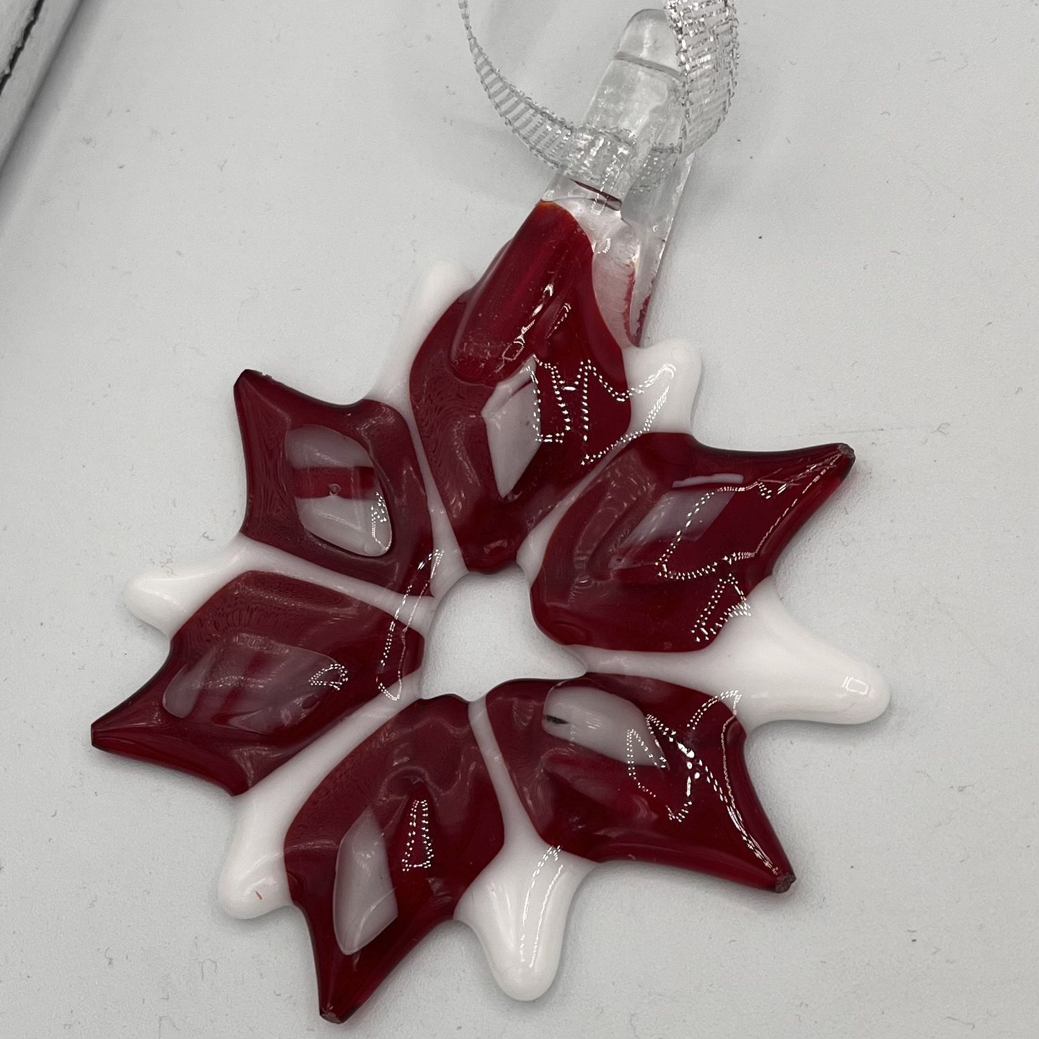 Lake Barlow, Fused Glass Ornament, Red and White 12 Point Star