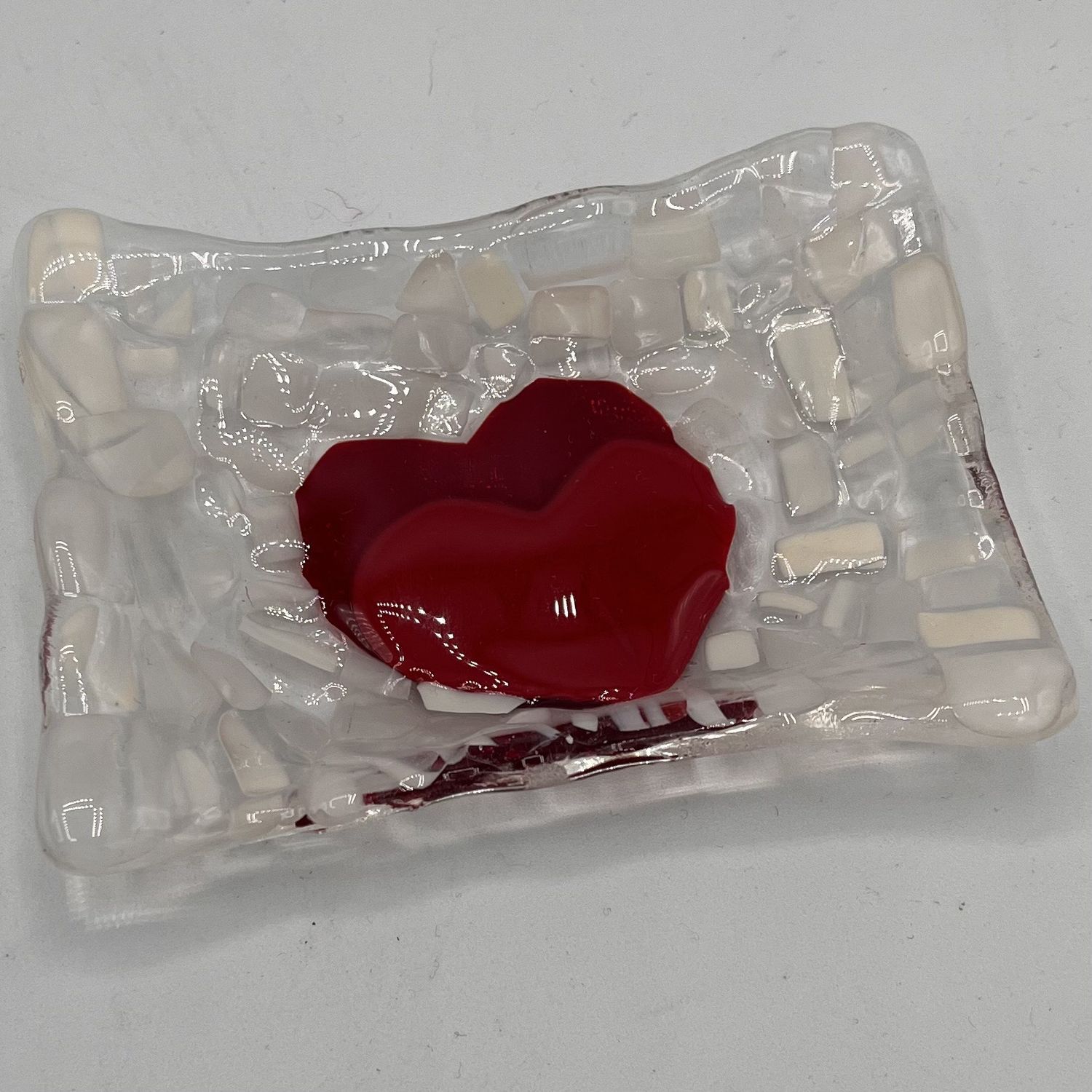 Jonathan McDowell, Fused Glass Soap Dish, Red Heart on Chunky White Background