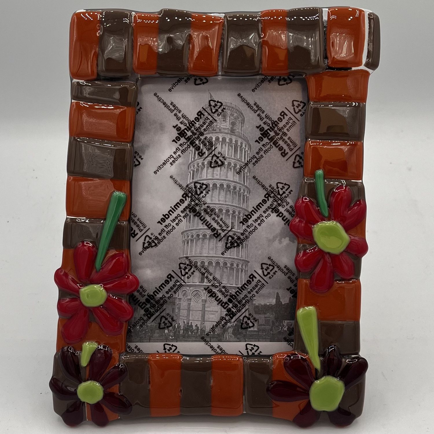 Tammy McCammon, Fused Glass Frame, Brown Stripes with Floral Pattern
