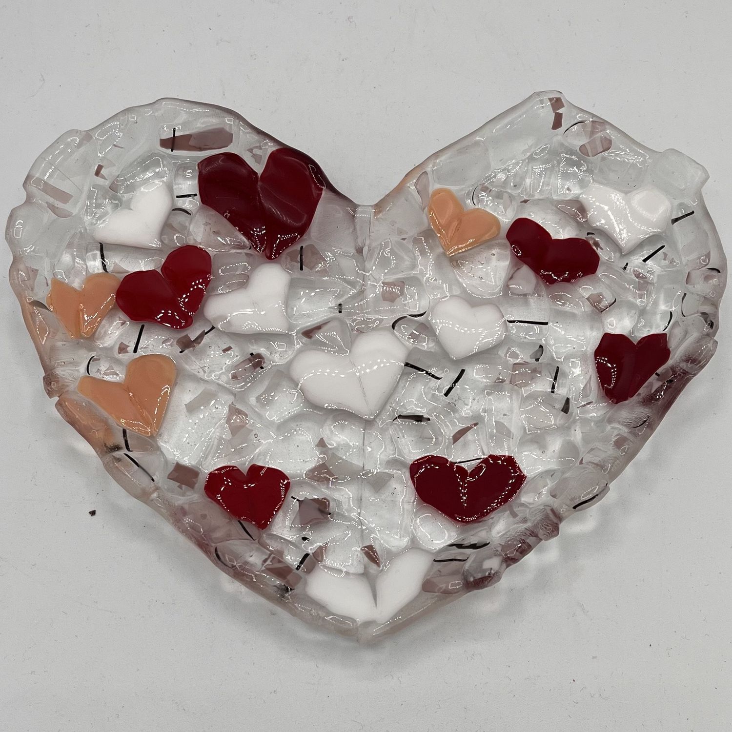 Jody Mann, Fused Glass Heart Dish, Tiny Red, Pink and White Hearts