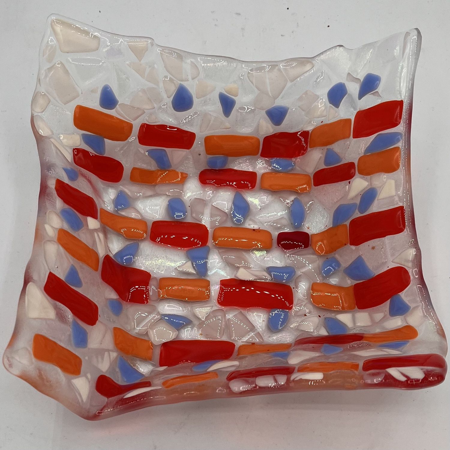 Duane Sparks, Fused Glass Dish, Red, Orange, and Blue Shapes with White Details