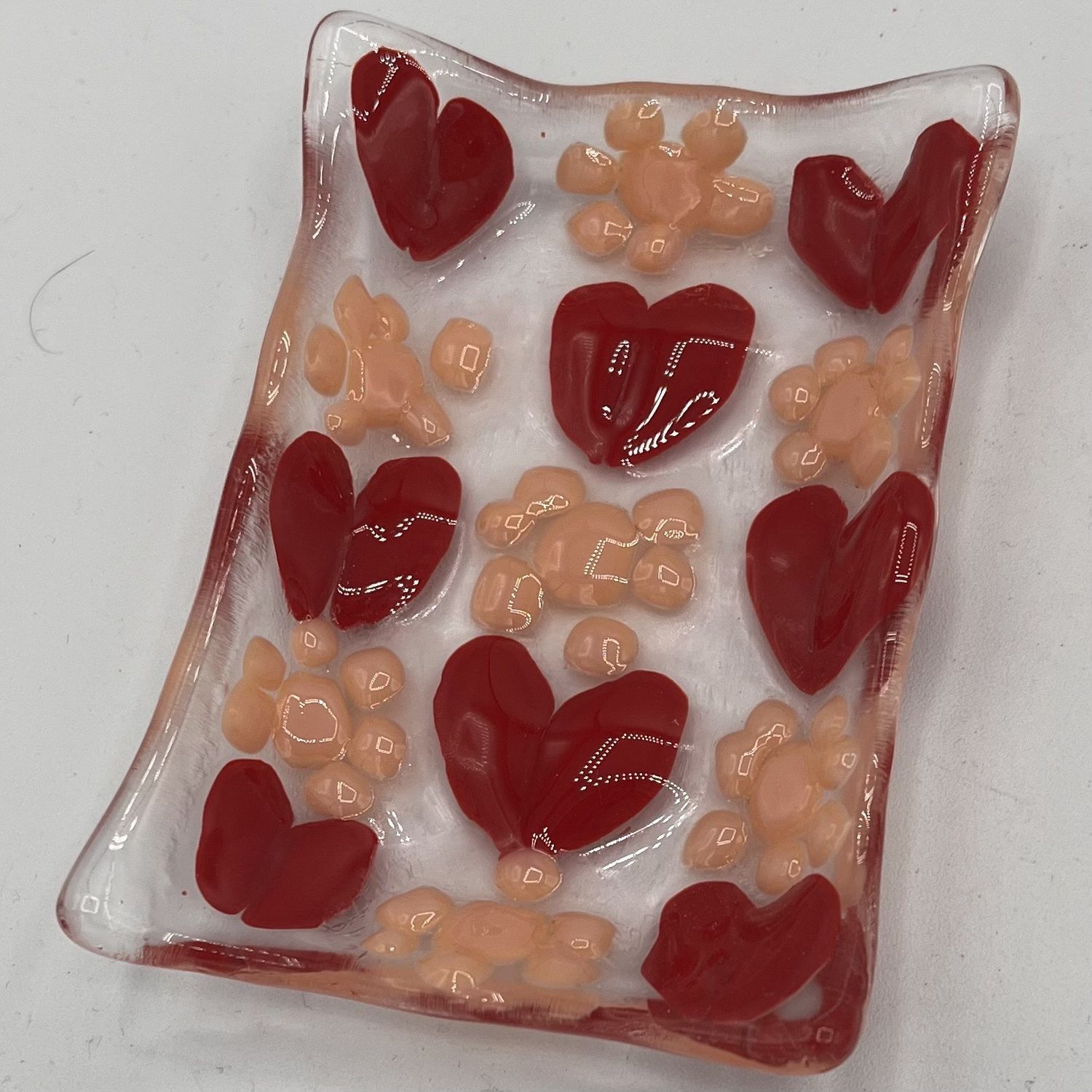 Andrea Walker, Fused Glass Soap Dish, Red Hearts and Pink Flowers