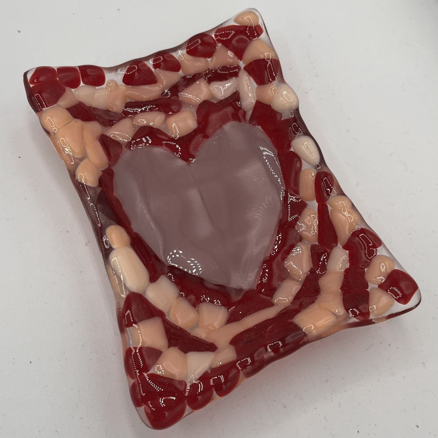 Sarah Alward, Fused Glass Soap Dish, Purple Heart with Pink and Red Background