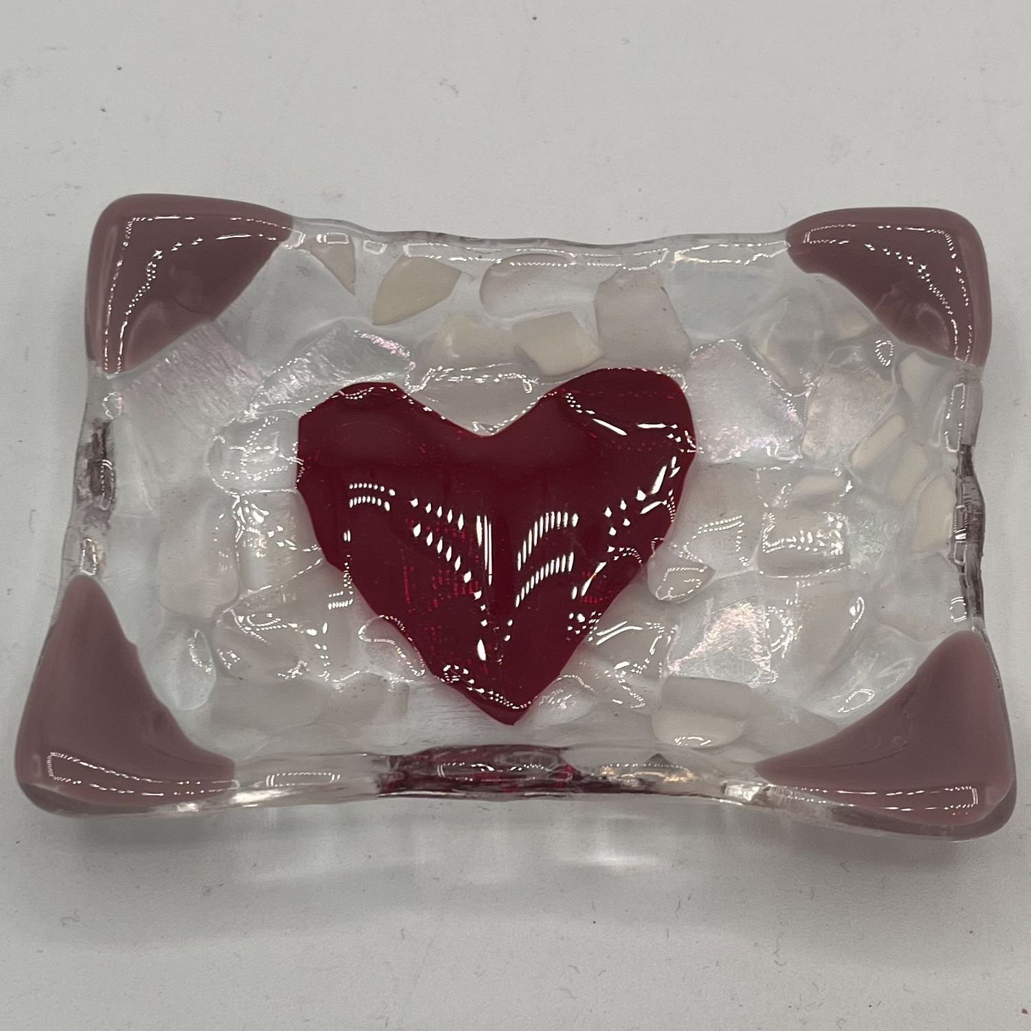 David Patrick, Fused Glass Soap Dish, Red Heart on White and Purple Background