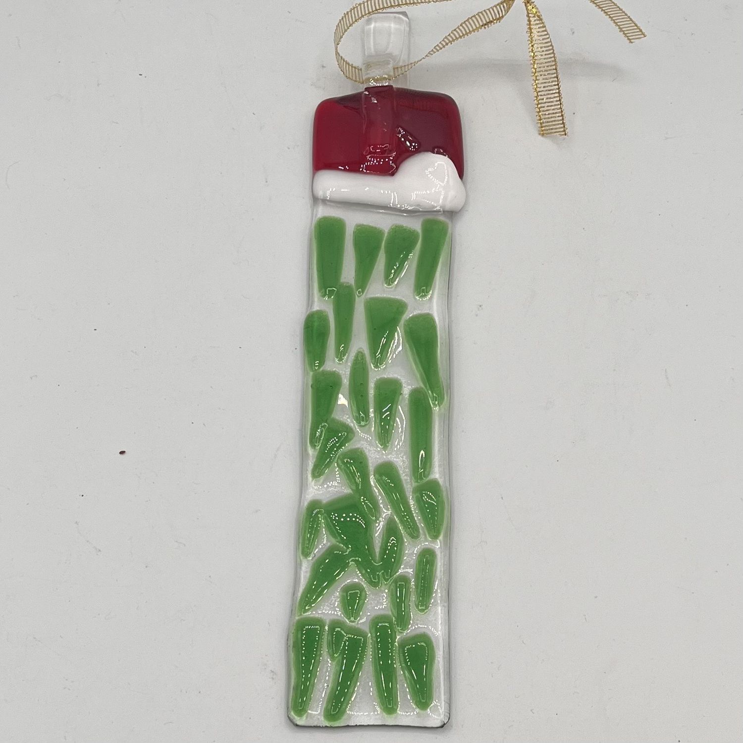Jody Mann, Fused Glass Ornament, Green Shapes in a Red Hat