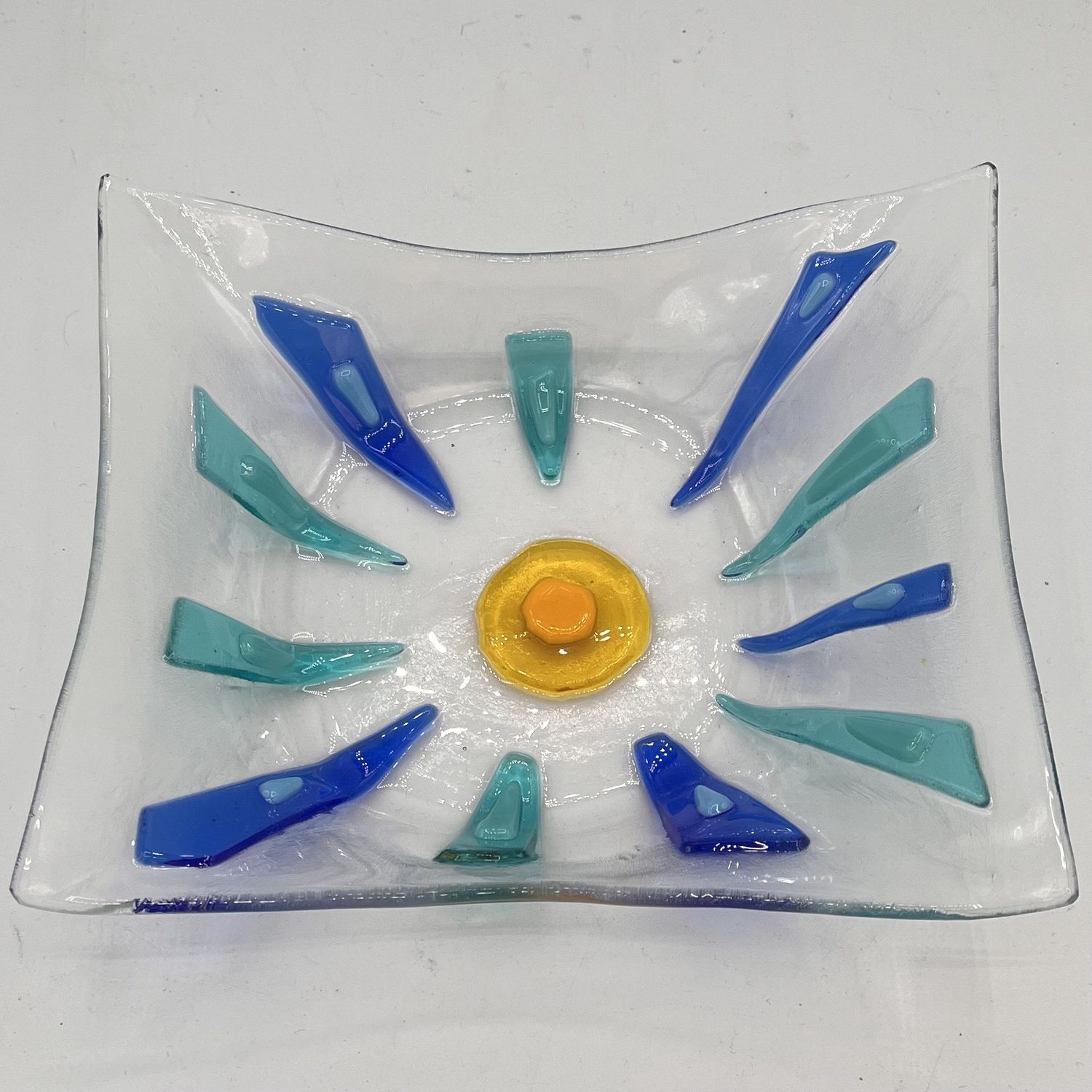 Erin Betz, Fused Glass Dish, Blue and Yellow Shapes