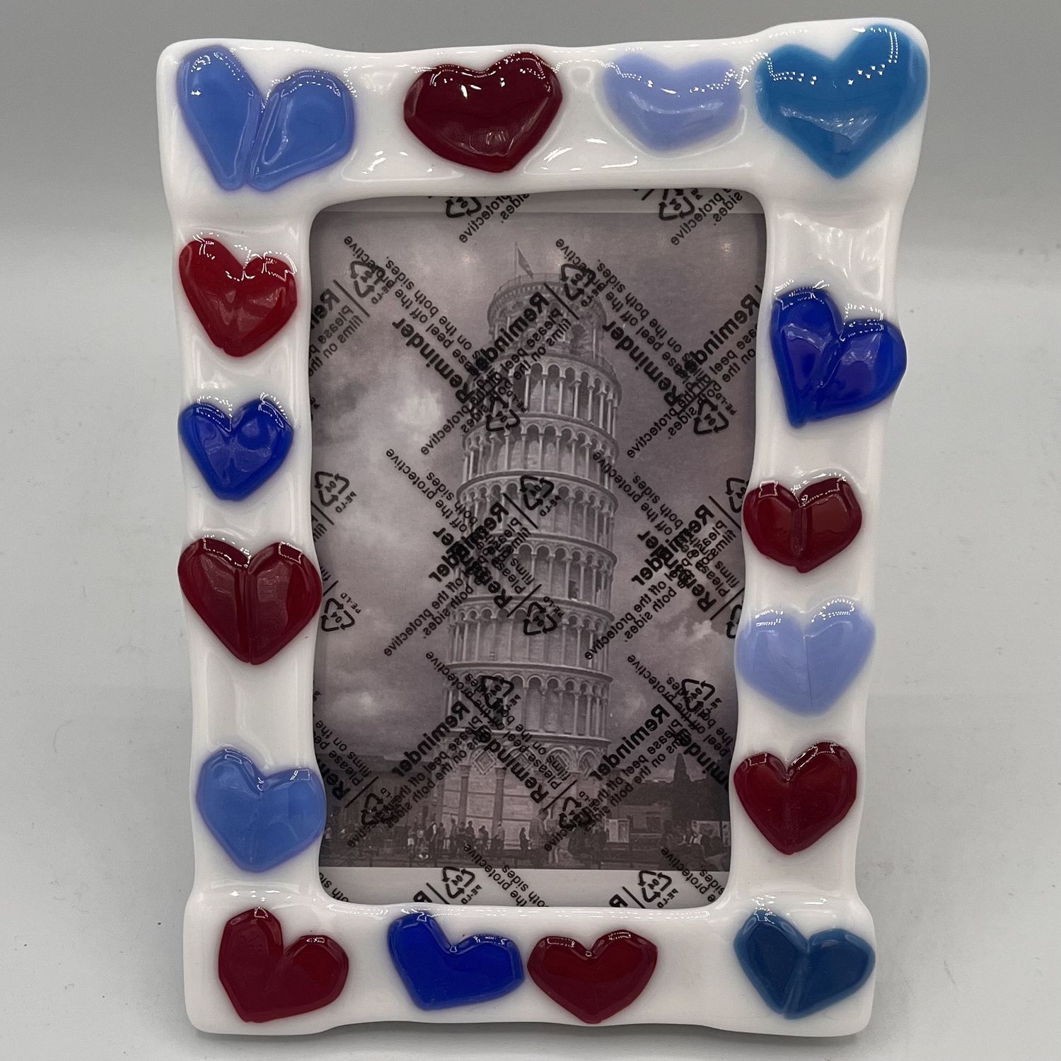 Kara Burgdorf, Fused Glass Frame, Blue and Red Hearts on White Background