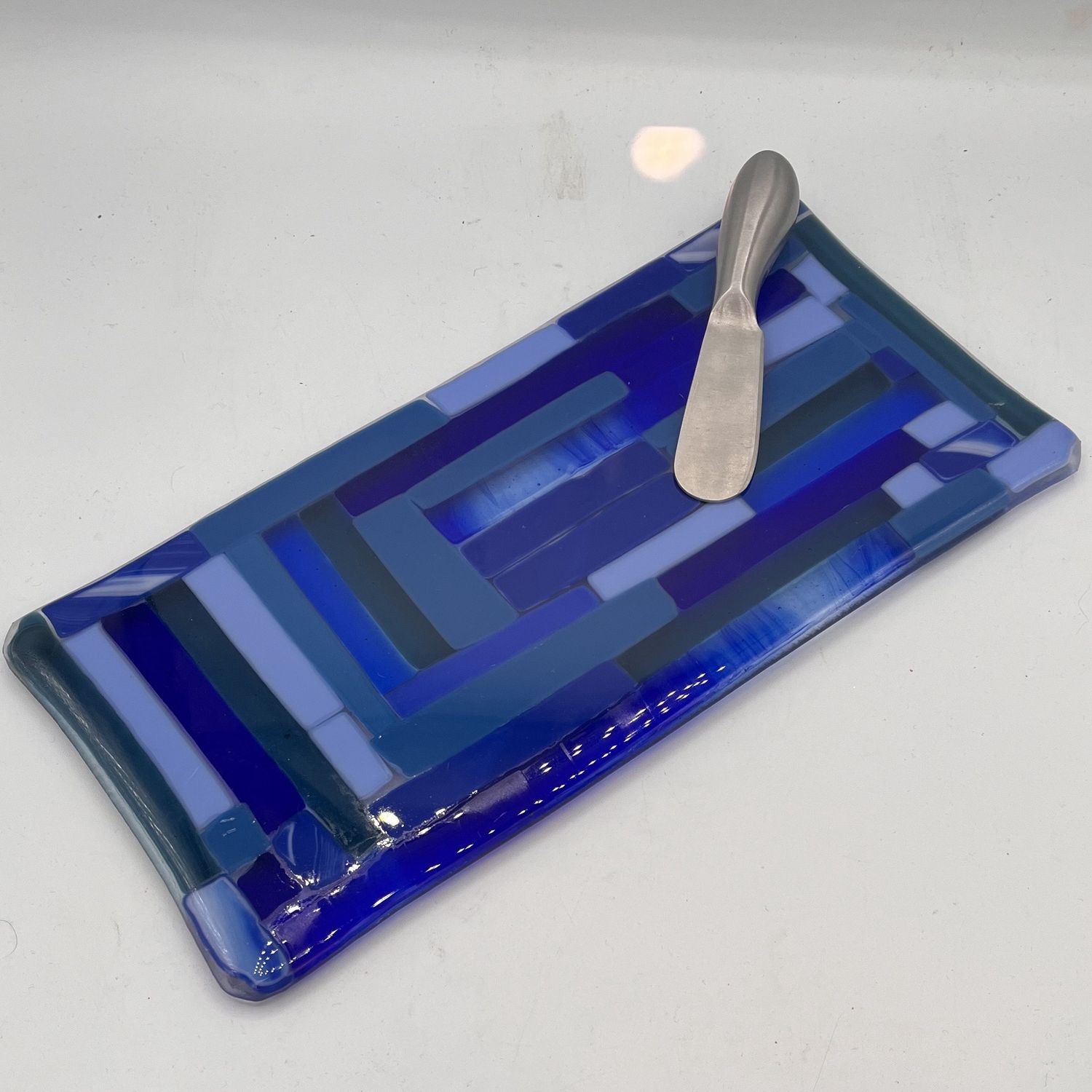 Studio, Fused Glass Cheese Plate, Multi-Shade Blue Stripes