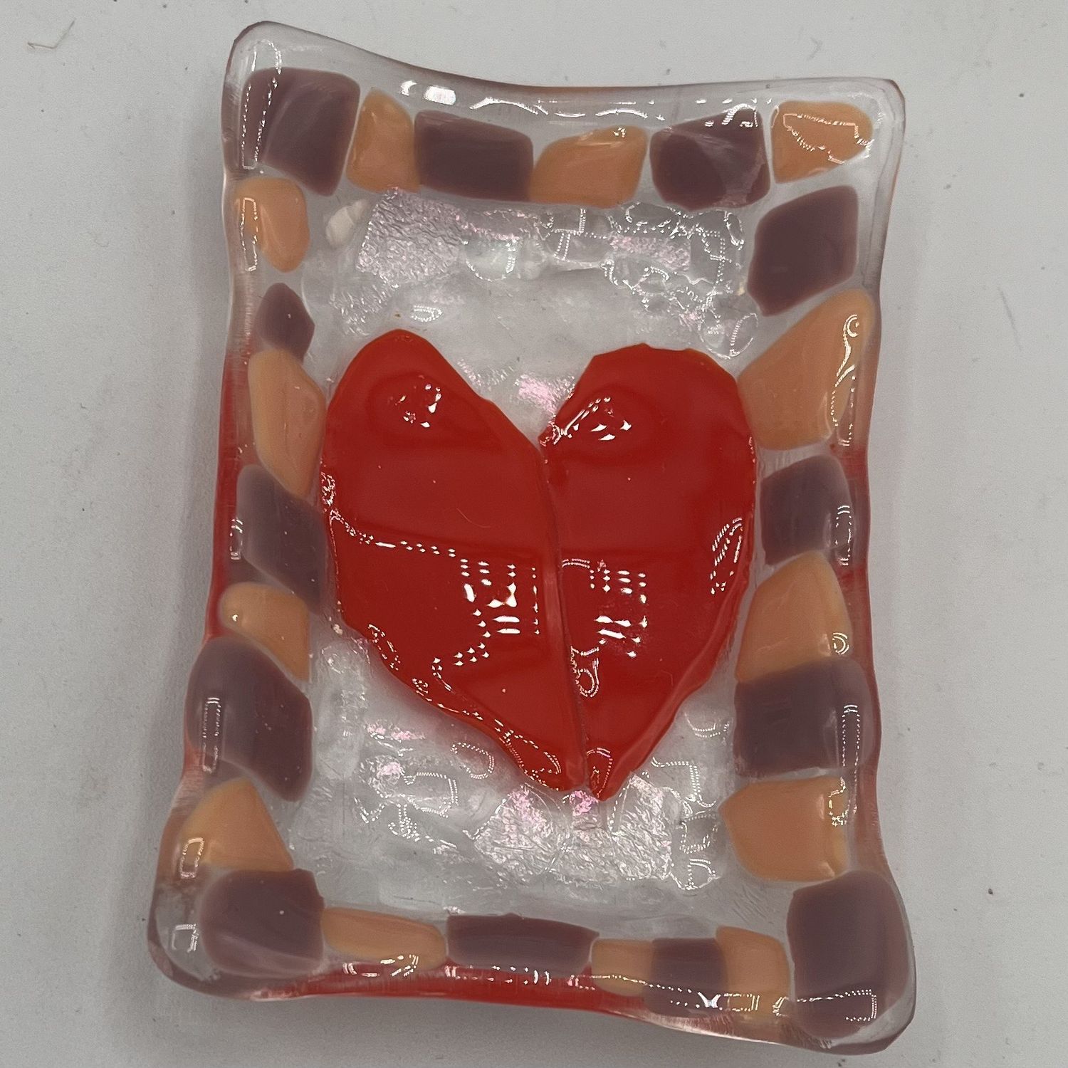 Kara Burgdorf, Fused Glass Soap Dish, Orange Heart with Pink and Purple Border