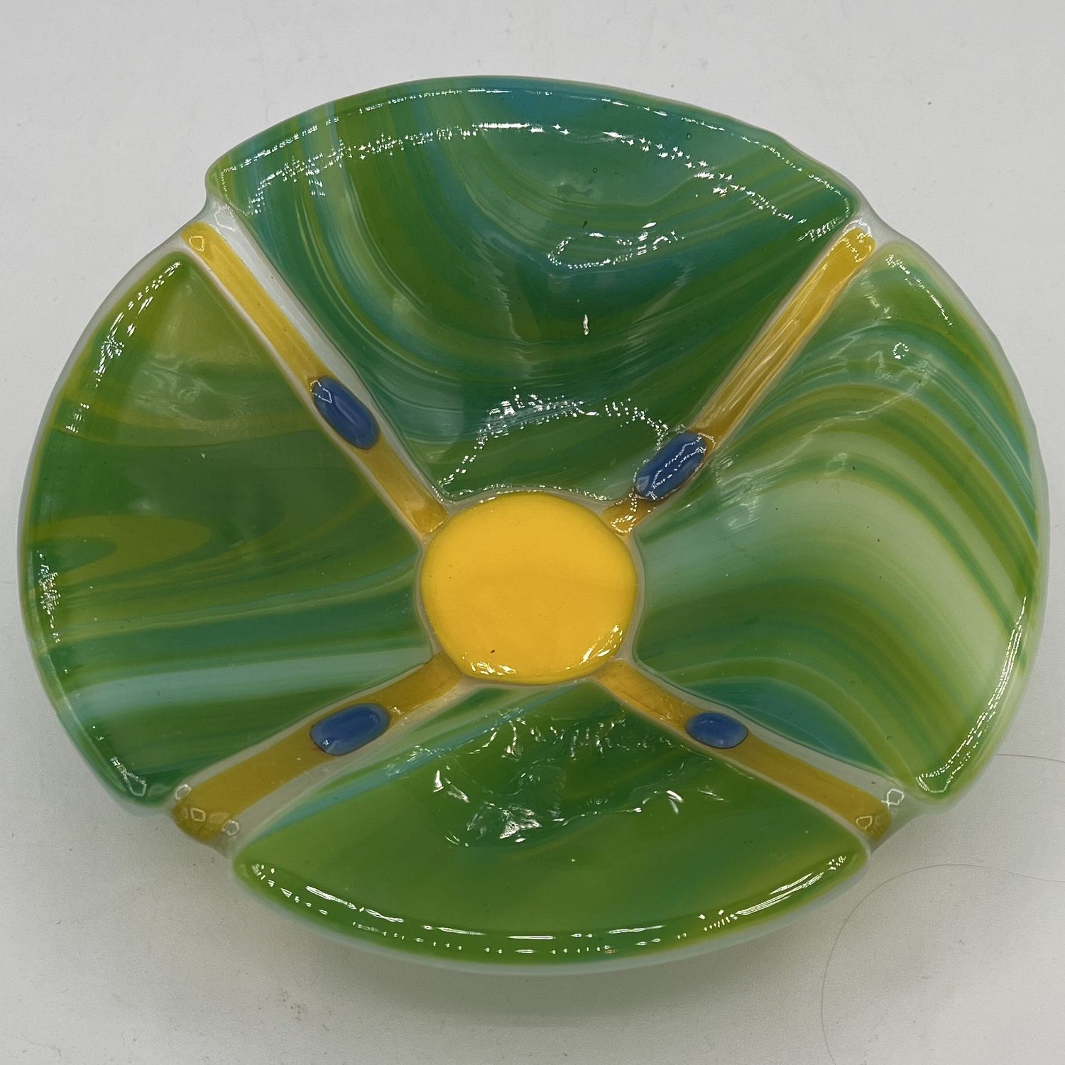 Tammy McCammon, Fused Glass Bowl, Green, Yellow and Blue Design