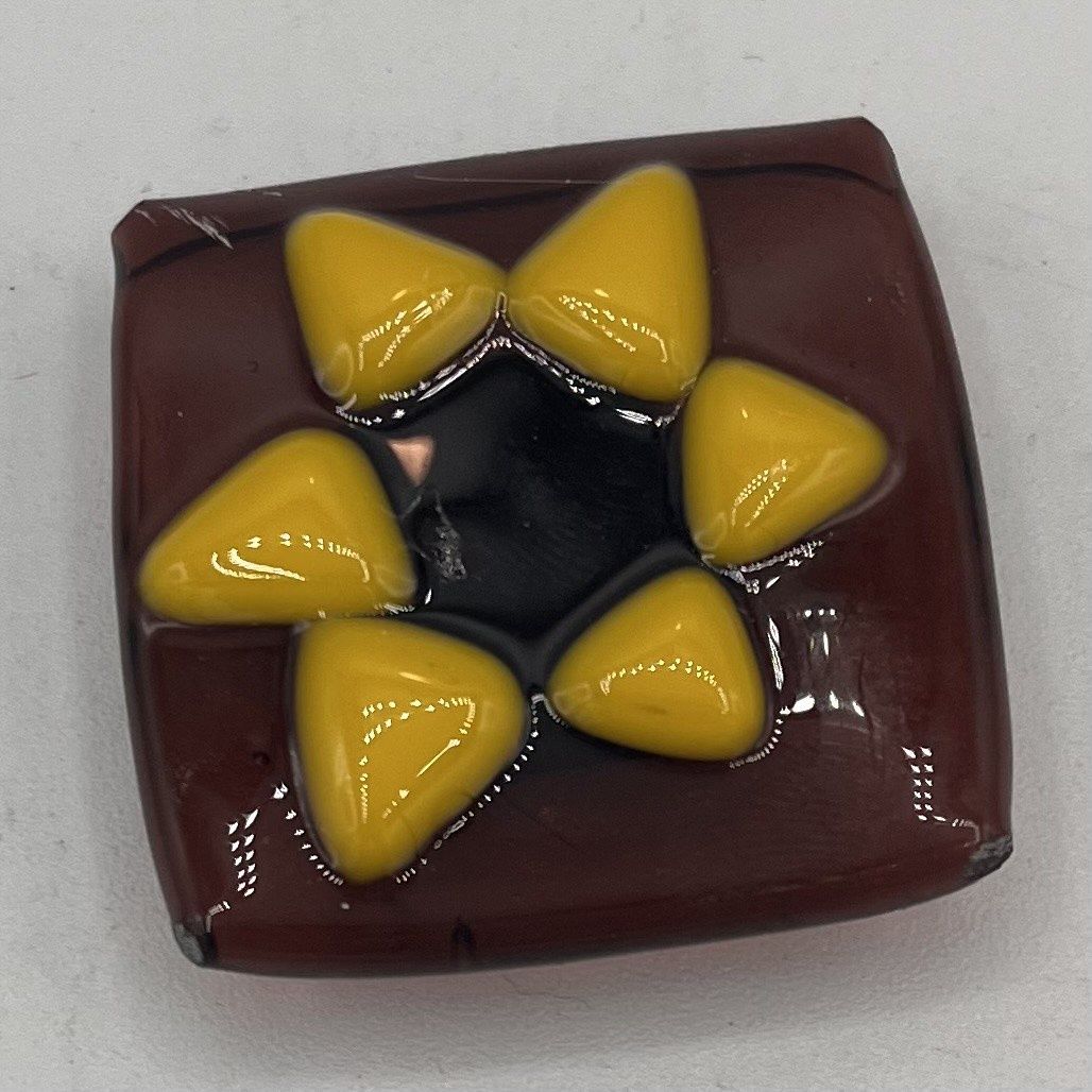 Lake Barlow, Fused Glass Magnet, Yellow Triangles on Red Background