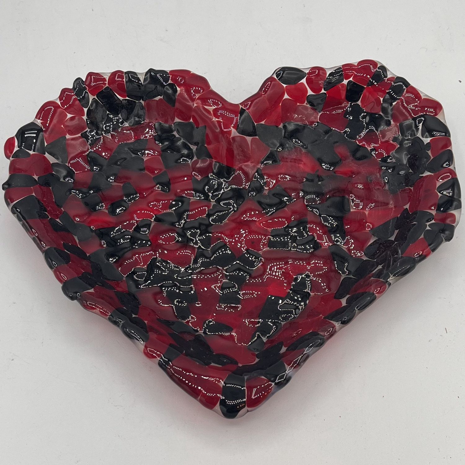Brenda Beverly, Fused Glass Dish, Red and Black Chunky Heart