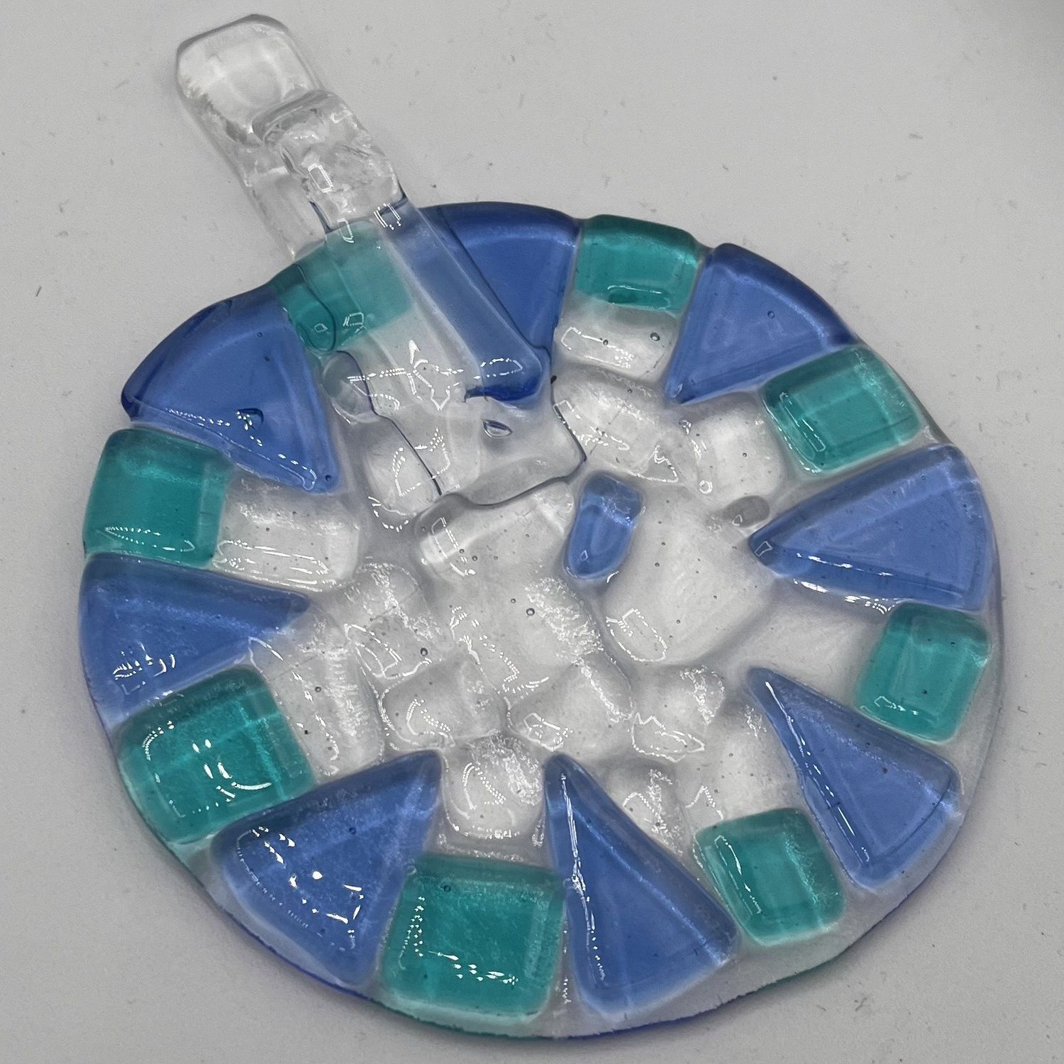 Courtney Malone, Fused Glass Suncatcher, Blue and Teal Design