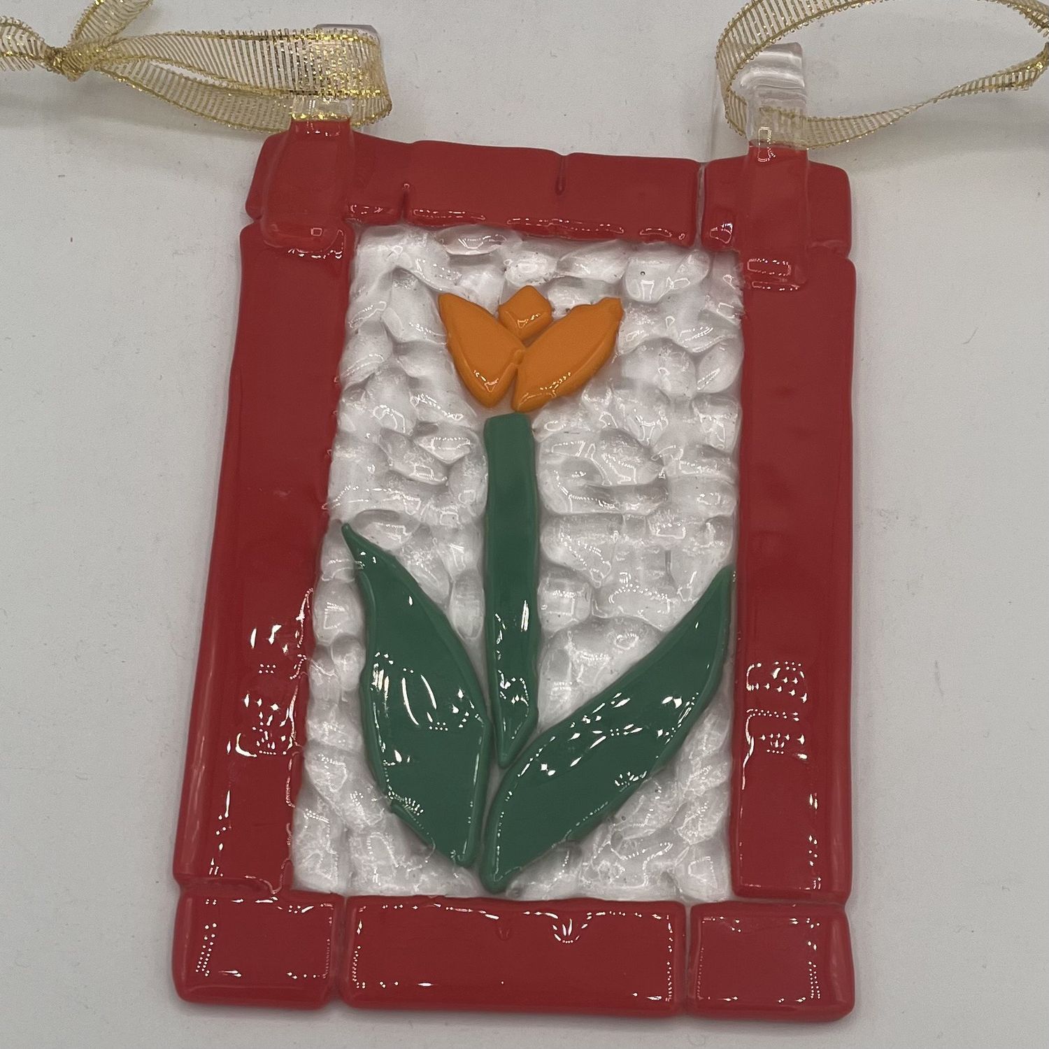 Jordan Satterfield, Fused Glass Suncatcher, Orange Flower in Red Frame