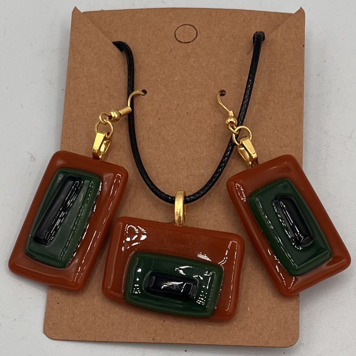 Alphonso Rowe, Fused Glass Jewelry Set, Brown, Green and Black Rectangles