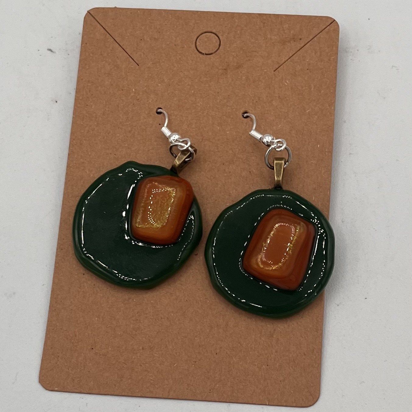 Alphonso Rowe, Fused Glass Earrings, Green Circles with Brown Chunks