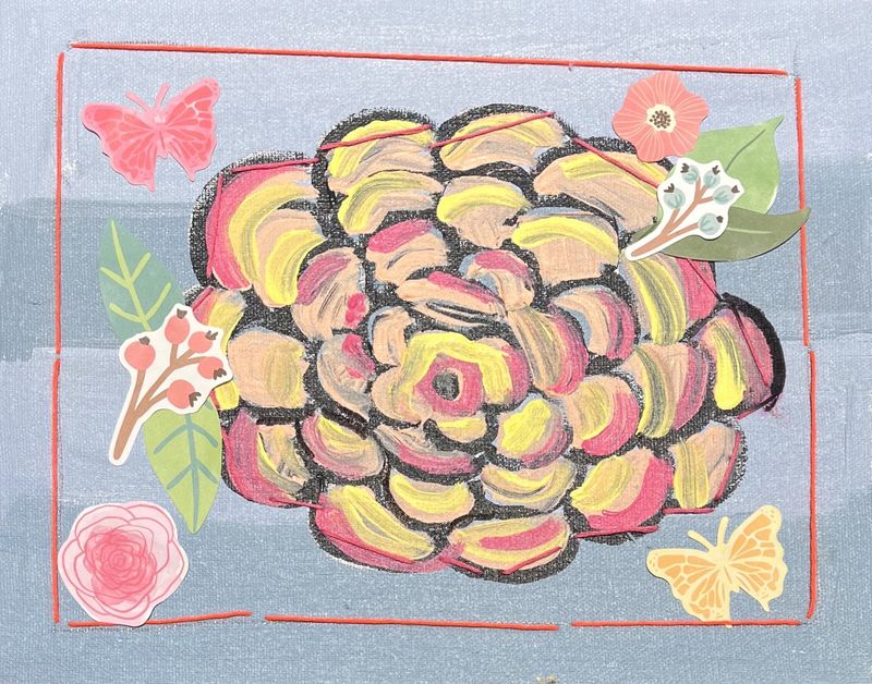 Beth Shaw, Mixed Media on Canvas, &#39;Pink and Yellow Spring Flower&#39;