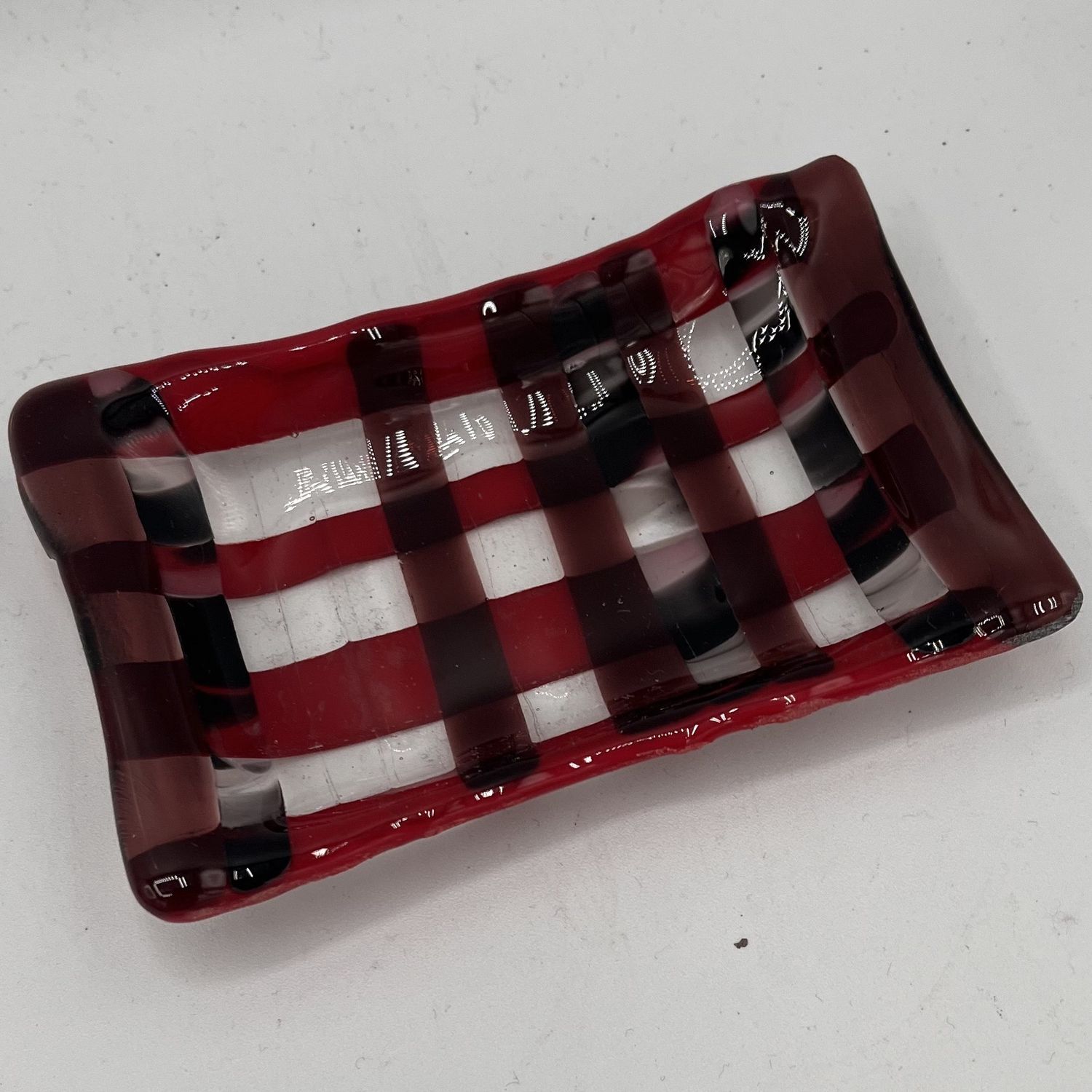 Duane Sparks, Fused Glass Soap Dish, Red and Purple Lines