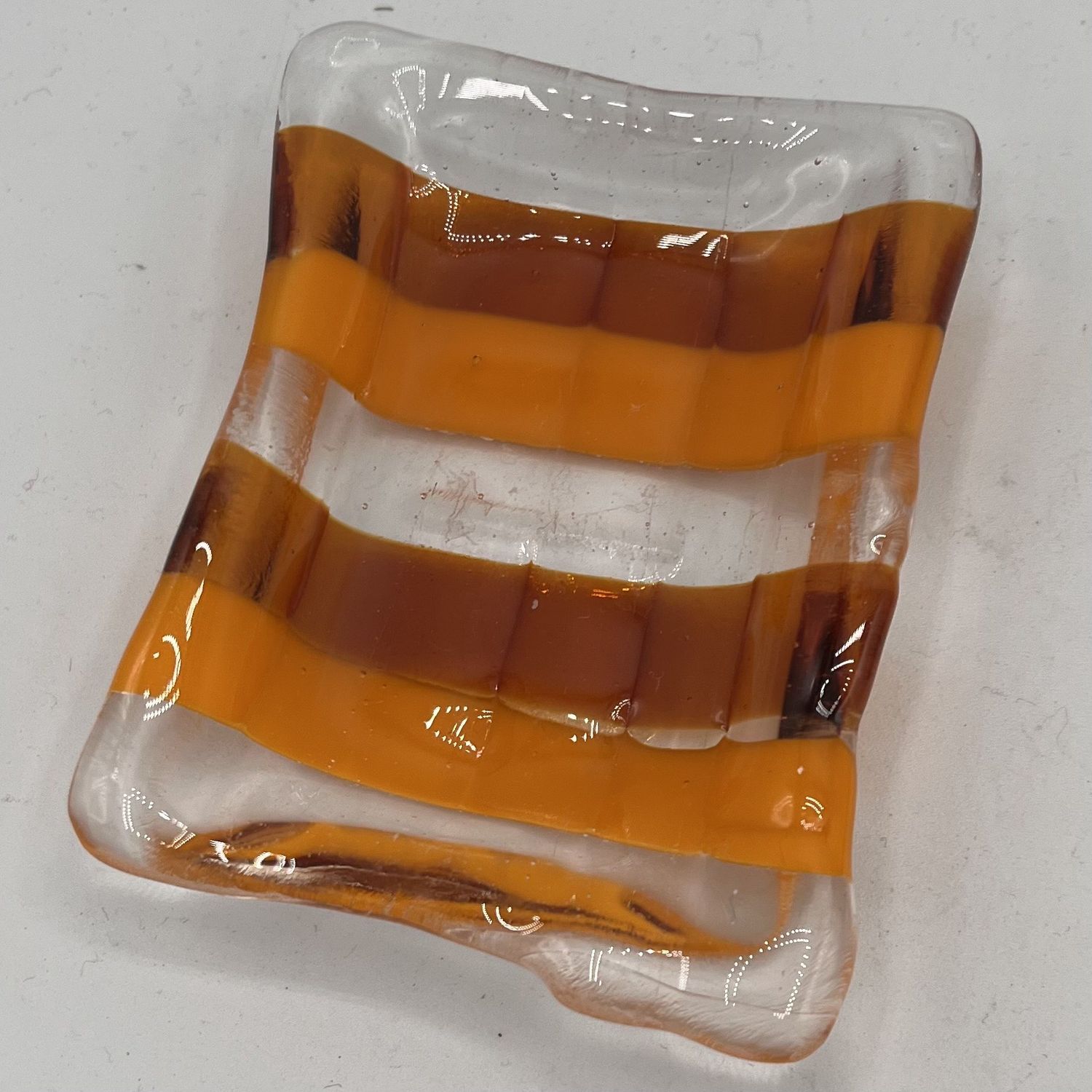 Brett Garrett, Fused Glass Soap Dish, Orange and Brown Stripes