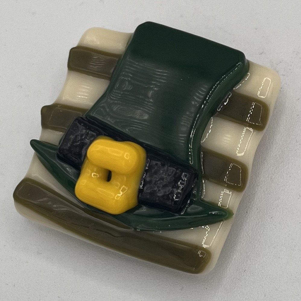 Mallory Miller, Fused Glass Magnet, Green Top Hat on Striped Background