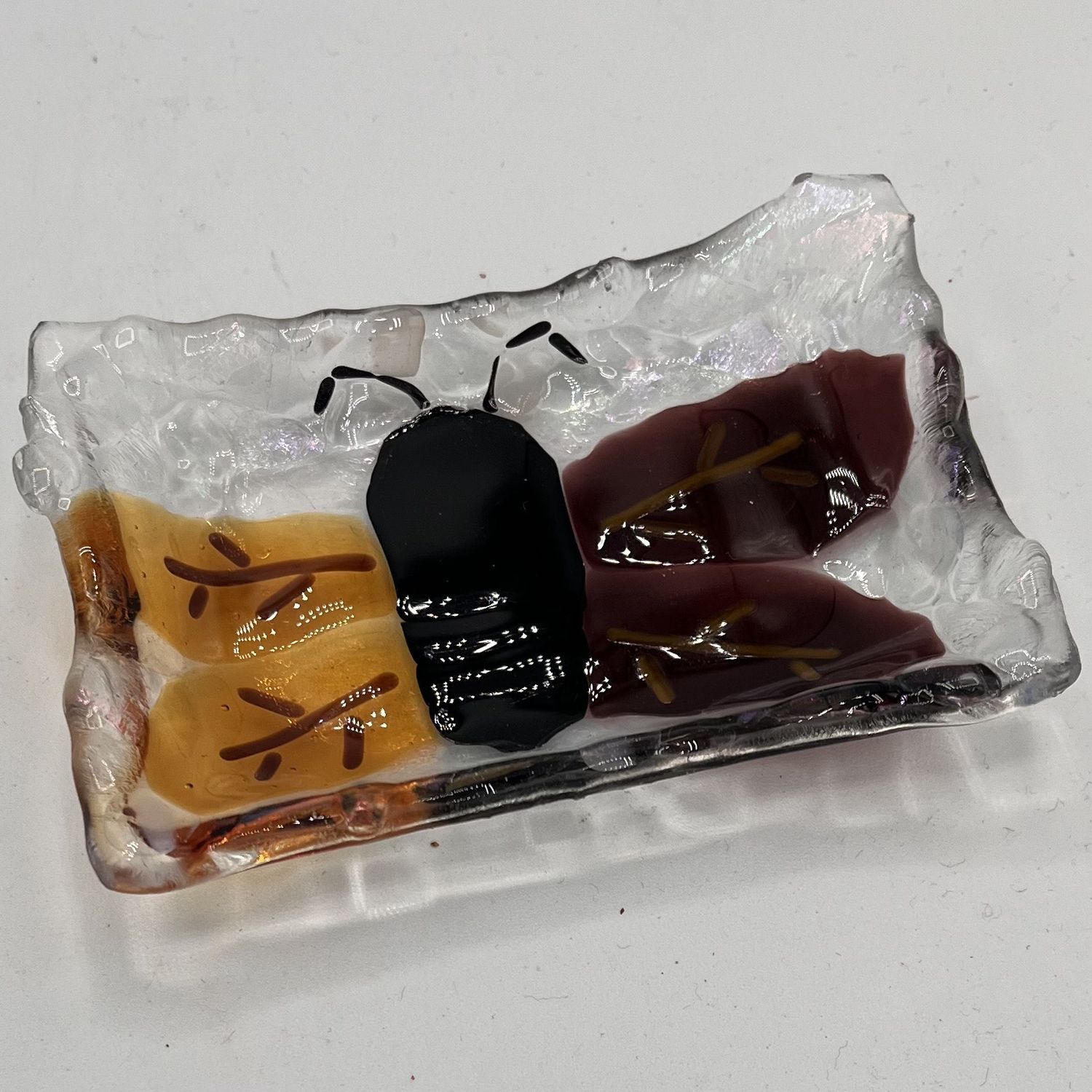 Alaina Weeks, Fused Glass Soap Dish, Black, Brown and Yellow Butterfly