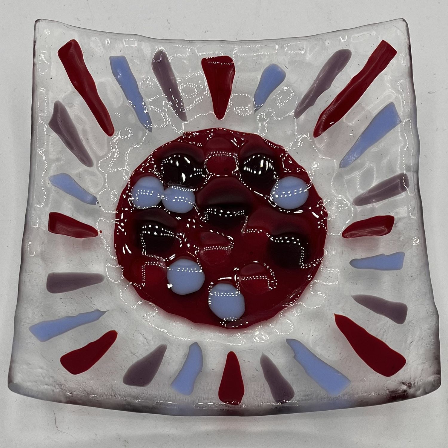 Ashley Ritter, Fused Glass Dish, Red, Purple and Blue Shapes