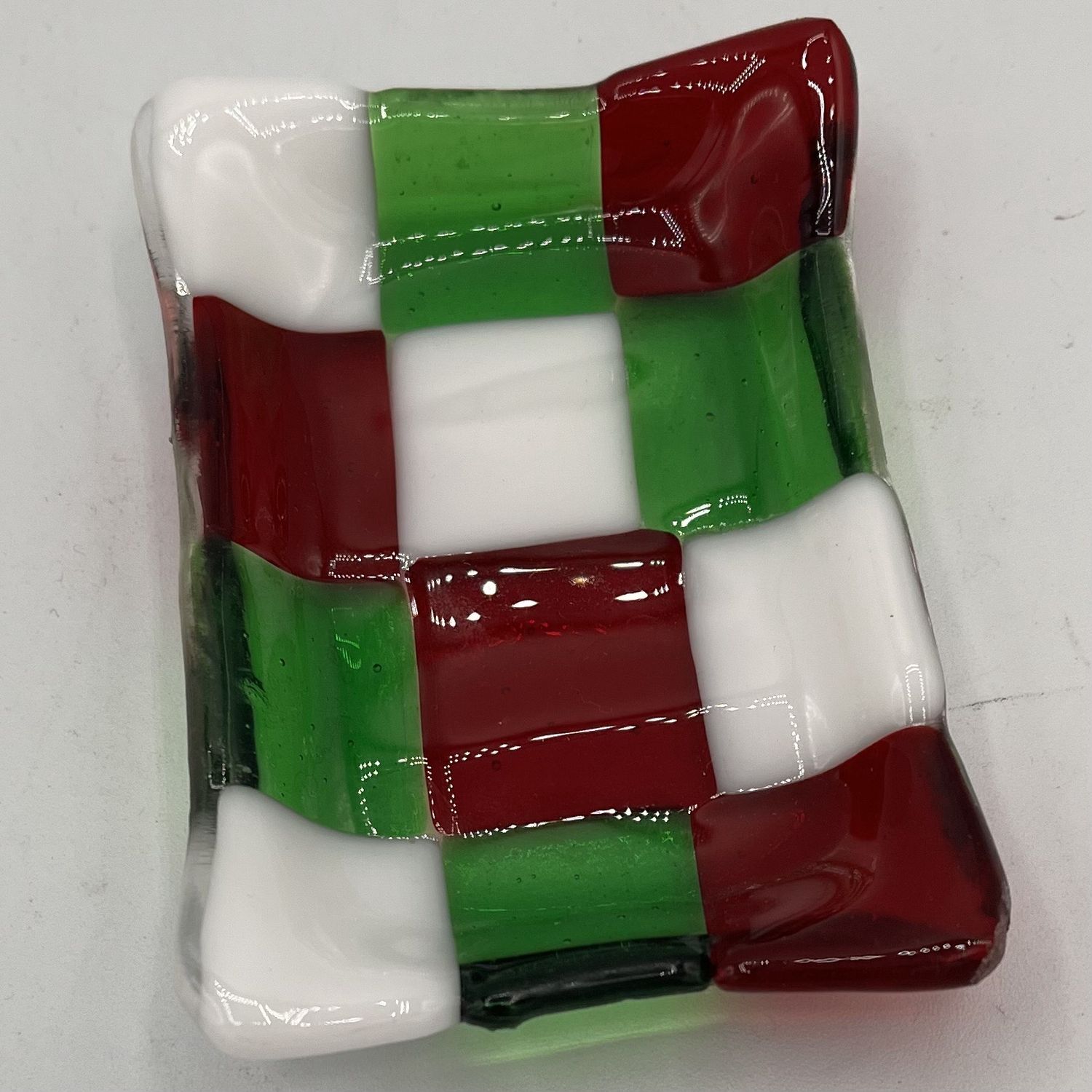 Duane Sparks, Fused Glass Soap Dish, Red, Green and White Squares