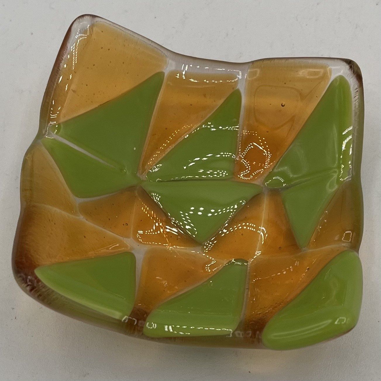 Dale Murphy, Fused Glass Ring Dish, Green and Yellow Triangles