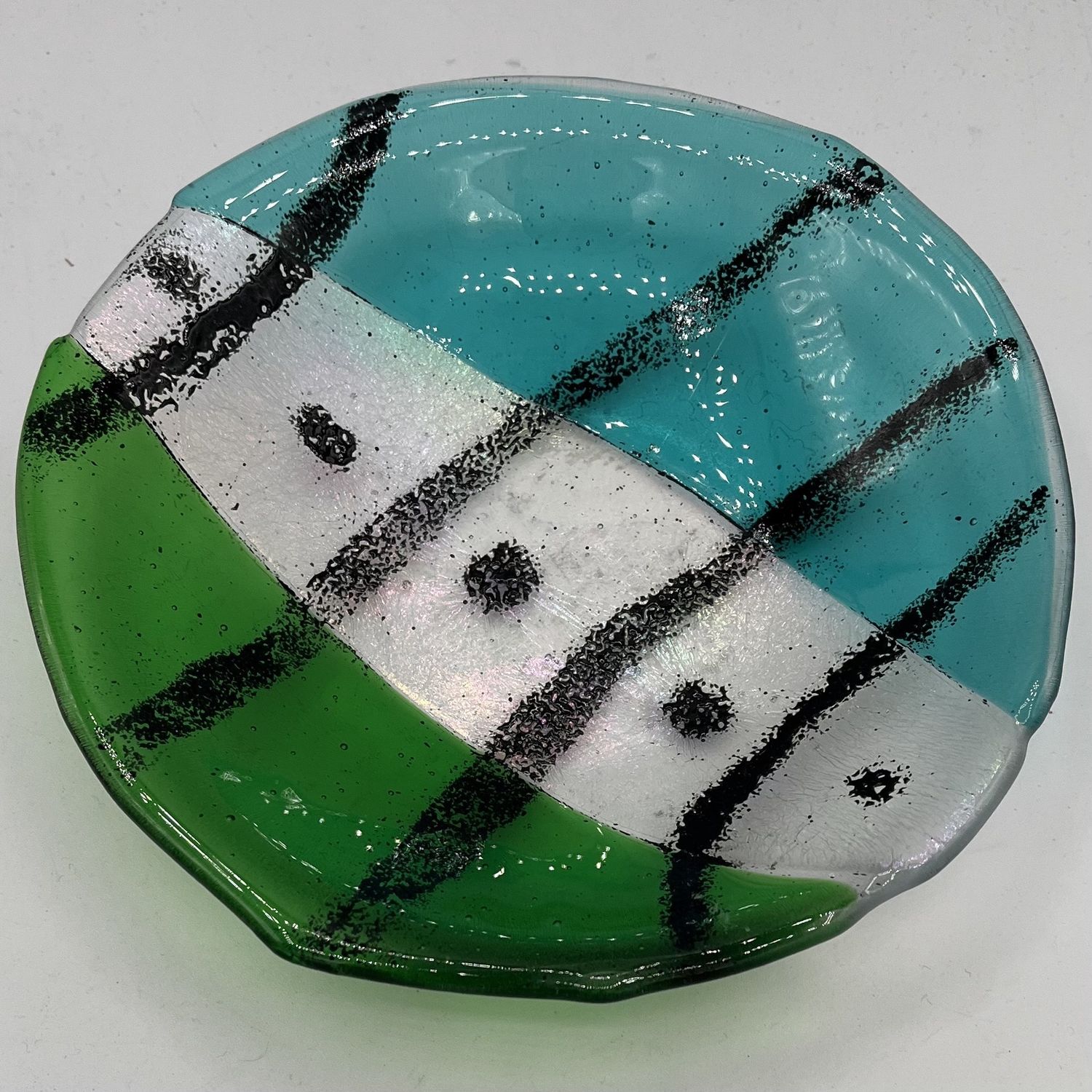 Alphonso Rowe, Fused Glass Bowl, Green, Turquoise and Black Design