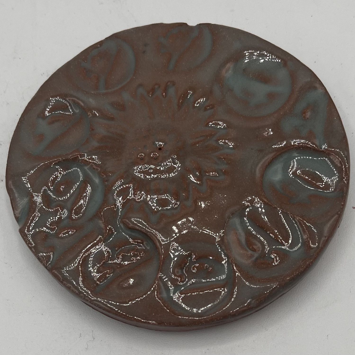 Erin Betz, Ceramic Coaster, Brown and Blue Flower