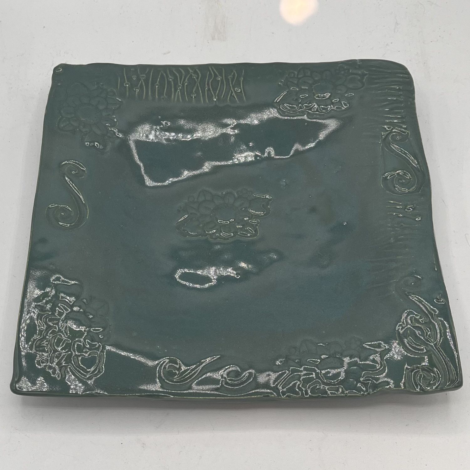 Mallory Miller, Ceramic Plate, Dark Green Floral Design