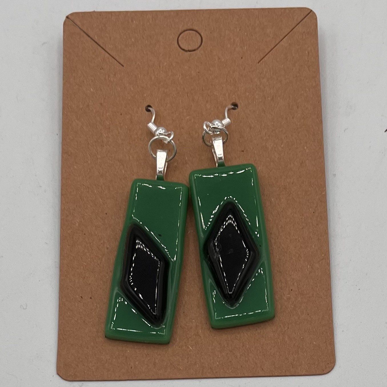 Alphonso Rowe, Fused Glass Earrings, Black Diamonds on Green