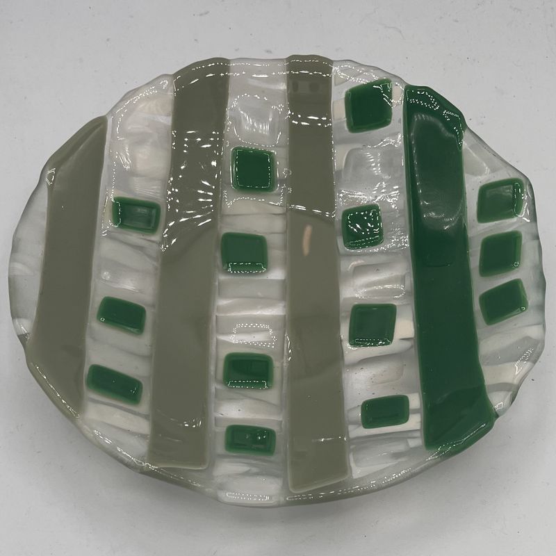 Alphonso Rowe, Fused Glass Bowl, Multi-Shade Green Shapes