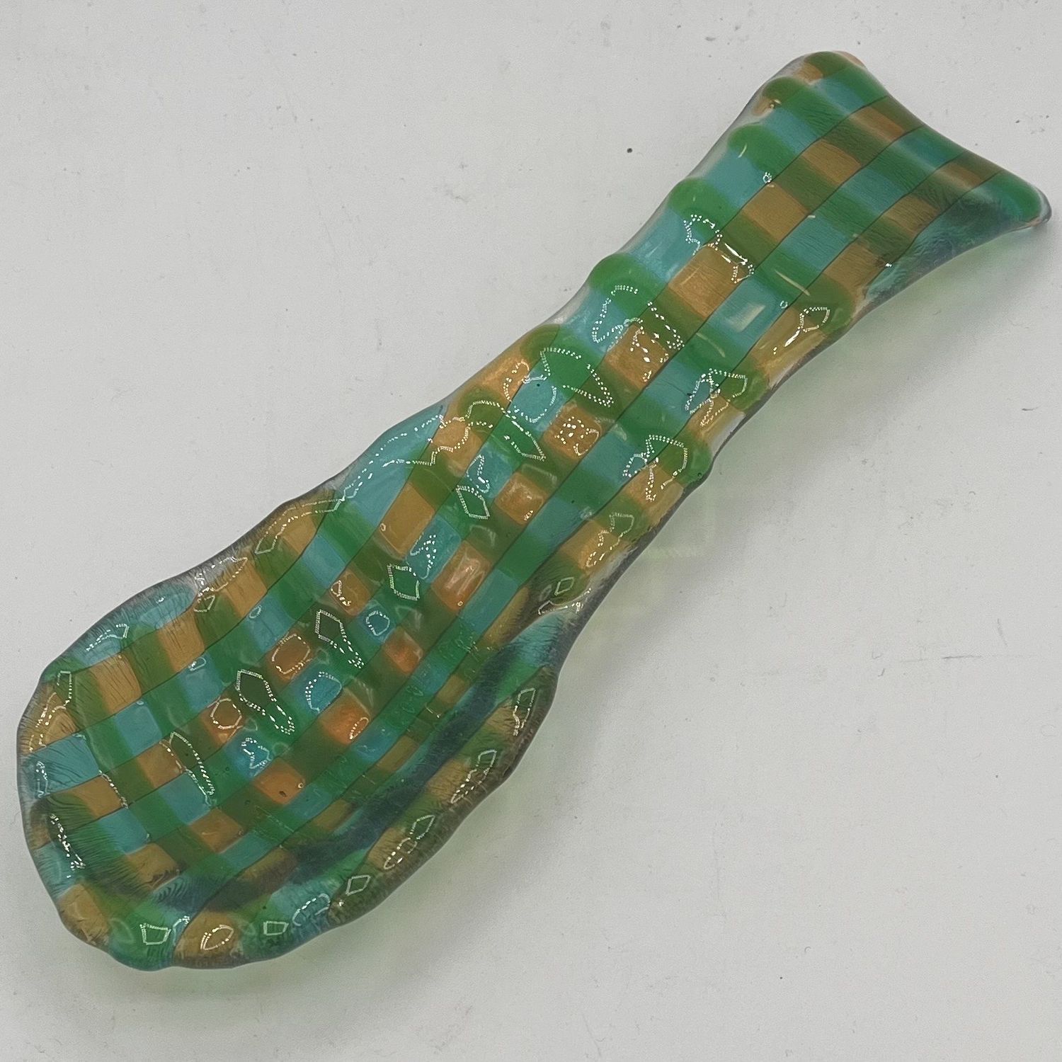 Adam Gibbemeyer, Fused Glass Spoon Rest, Yellow, Green and Blue Plaid Design