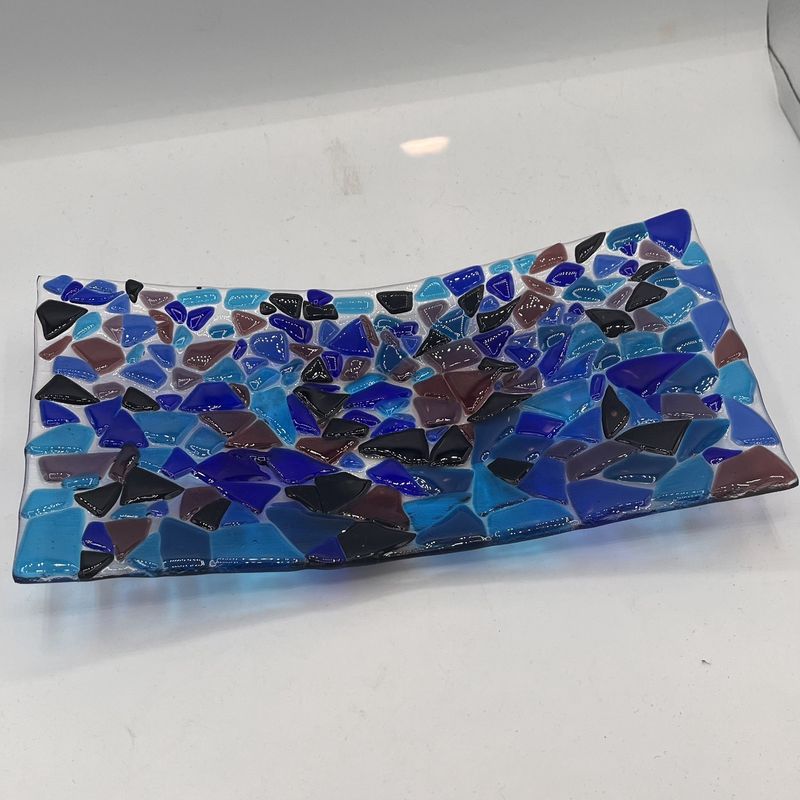 Erin Betz, Fused Glass Dish, Blue, Purple and Black Chunky Design