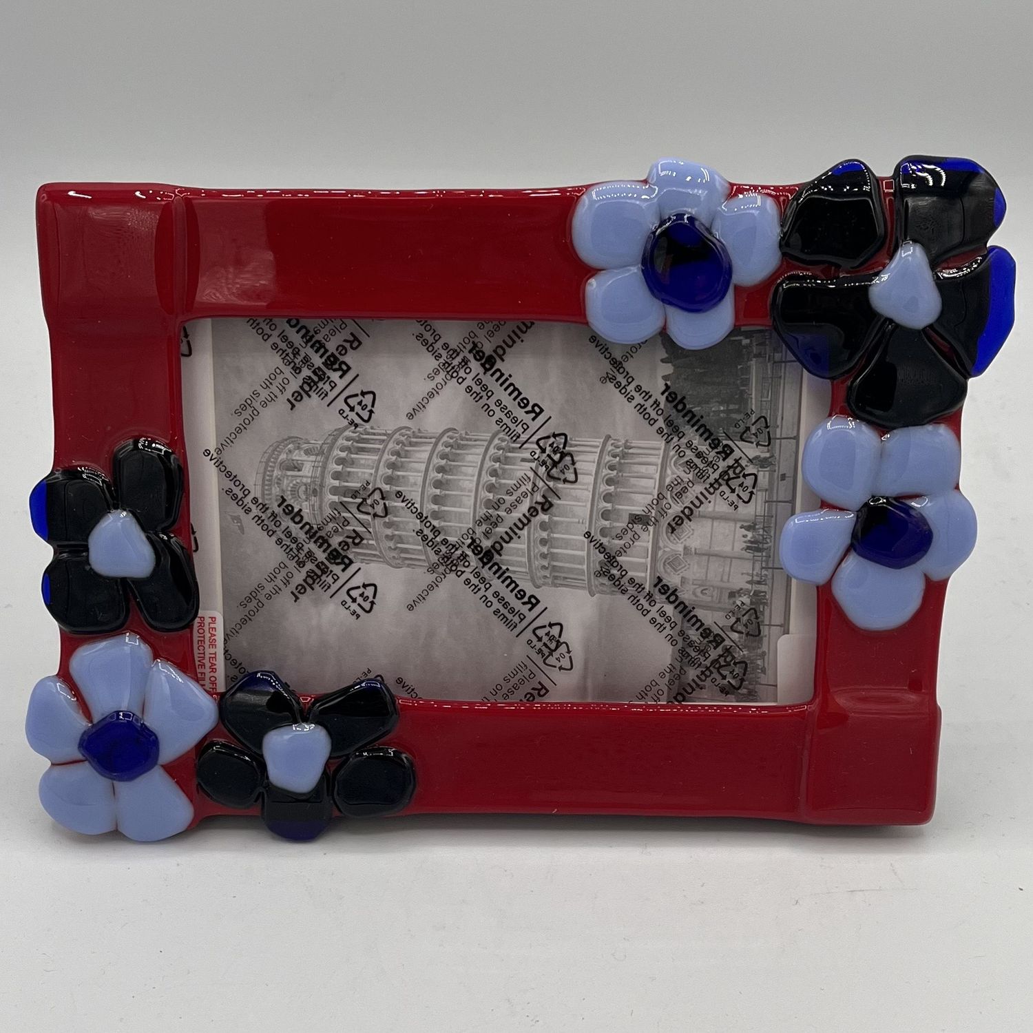 Katie Albers, Fused Glass Frame, Blue Flowers on Red Background