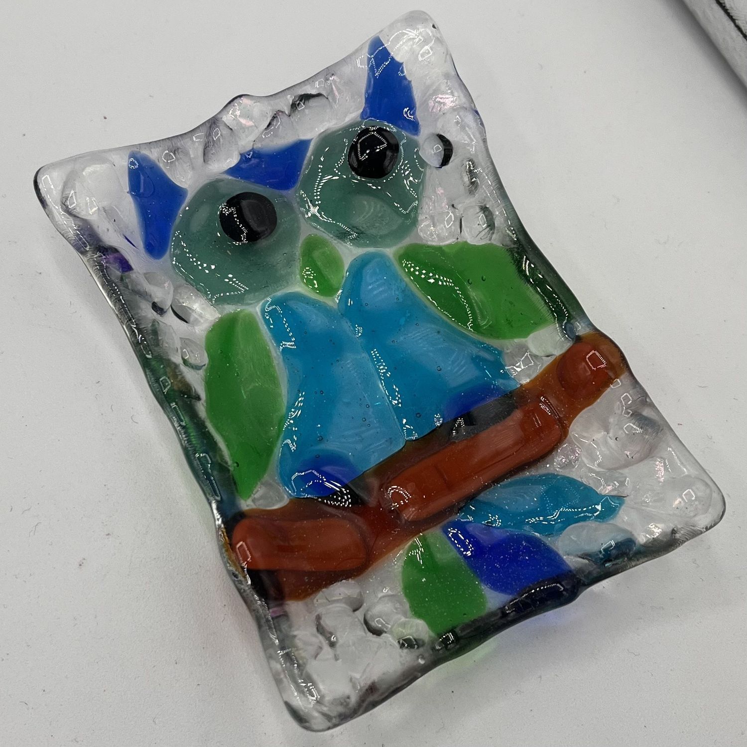 Erin Betz, Fused Glass Soap Dish, Green and Blue Owl