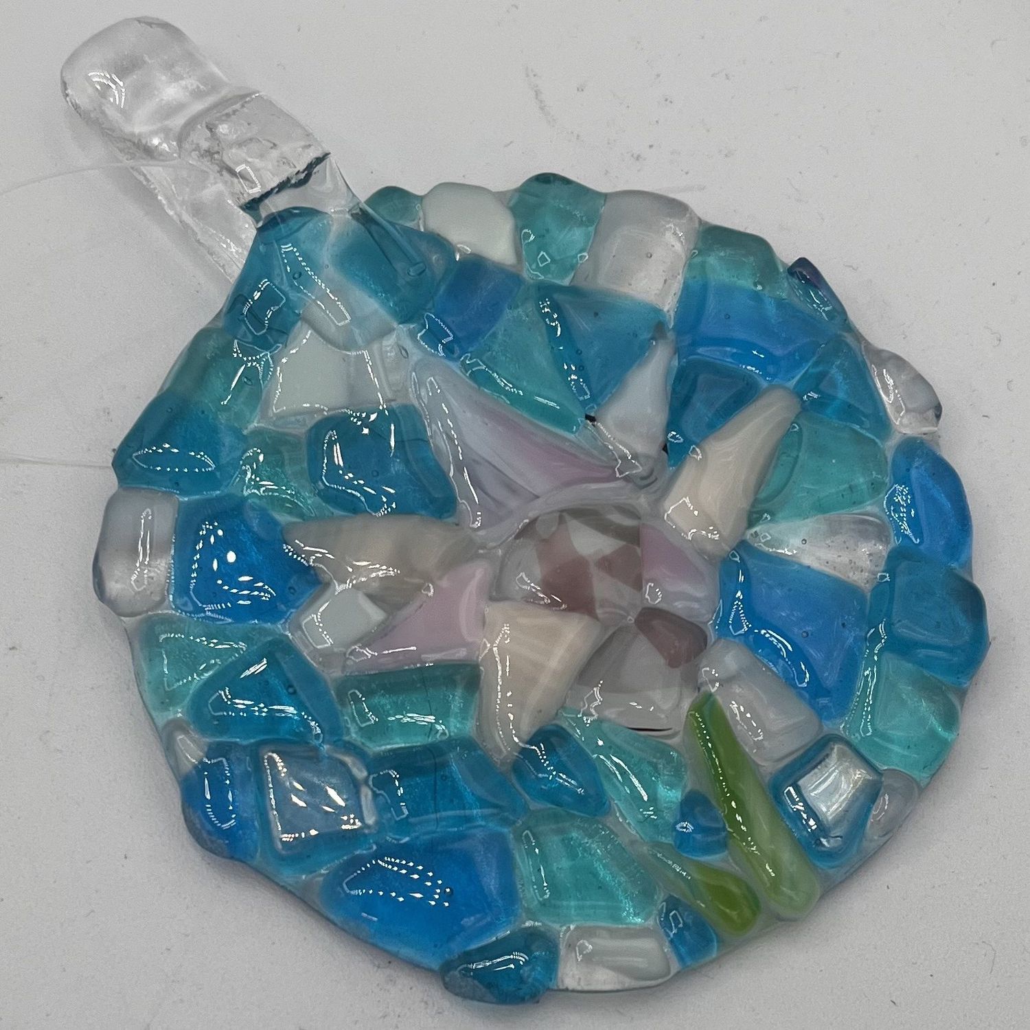 Liz Pfeiffer, Fused Glass Suncatcher, Pink and White Flower