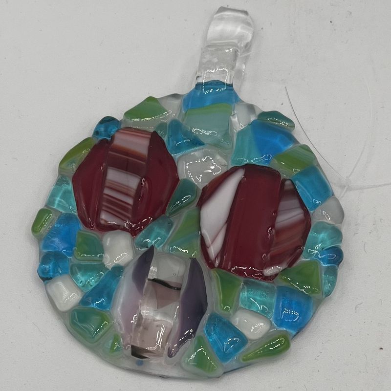 Liz Pfeiffer, Fused Glass Suncatcher, Red and Purple Shapes on Blue and Green Background