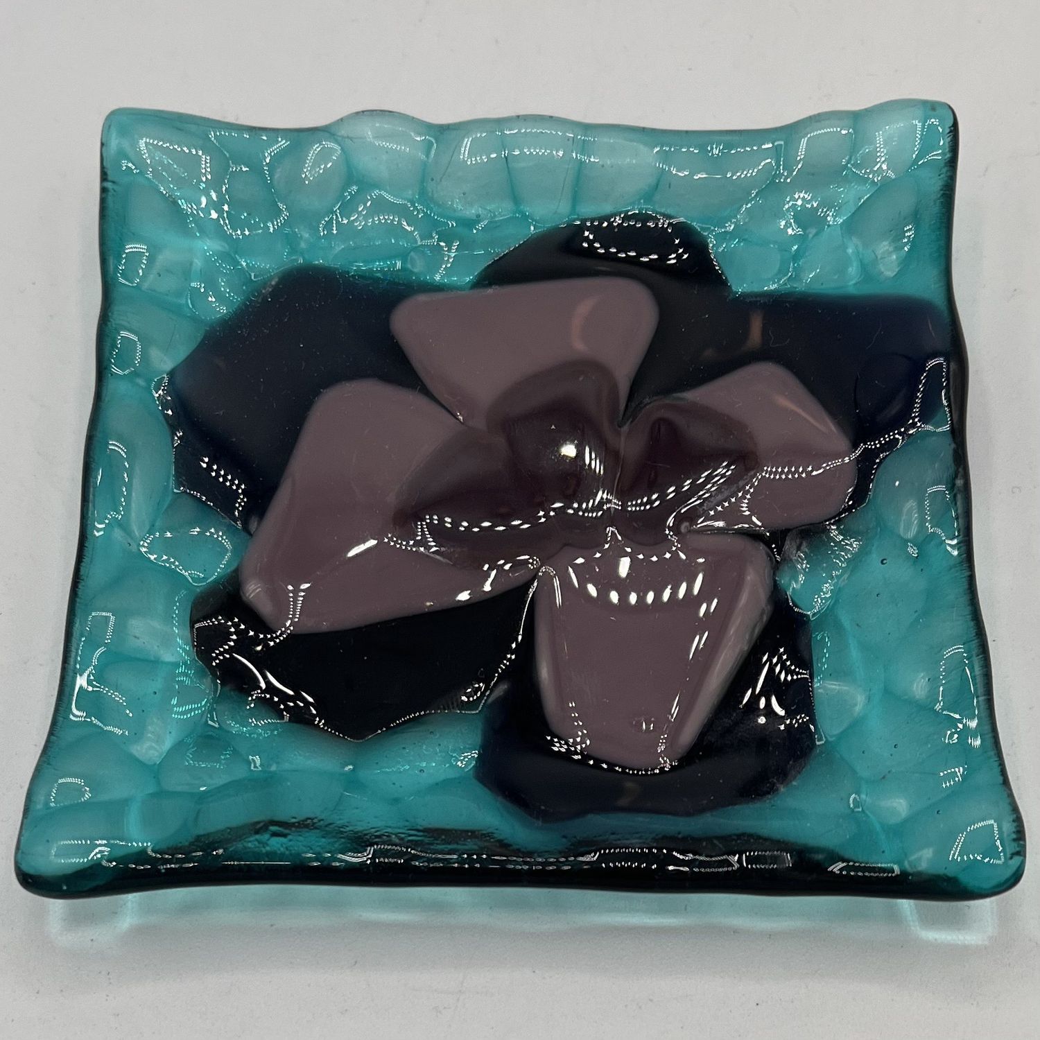 Erin Betz, Fused Glass Dish, Purple Flower on Blue