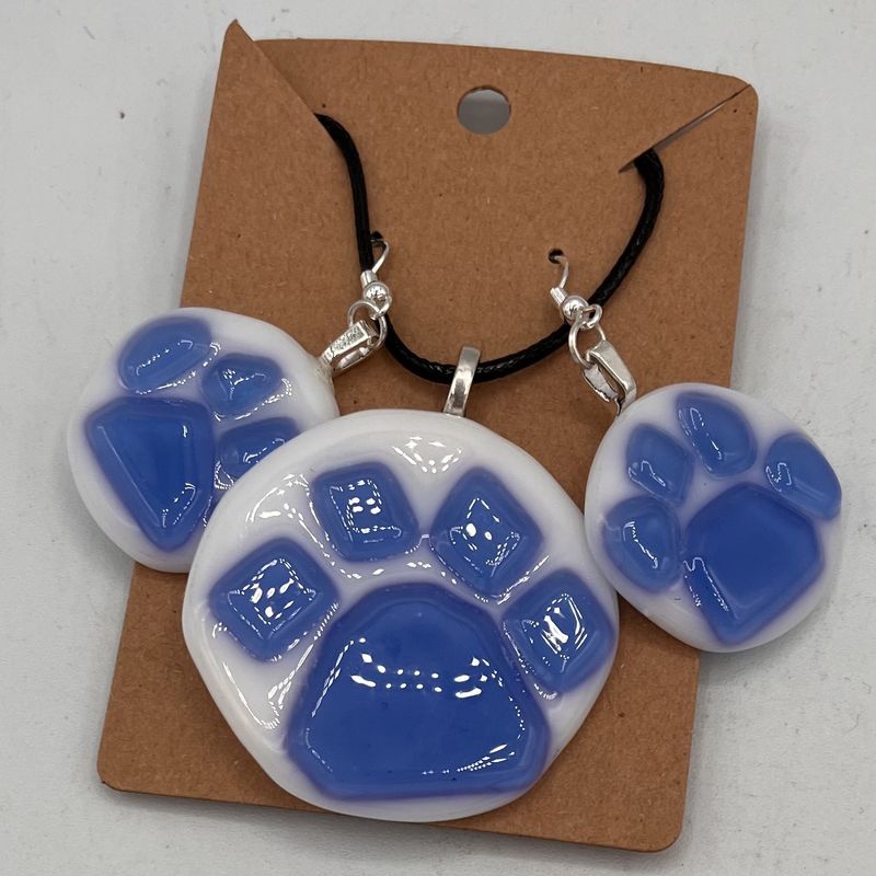 Kara Burgdorf, Fused Glass Jewelry Set, Blue Paws