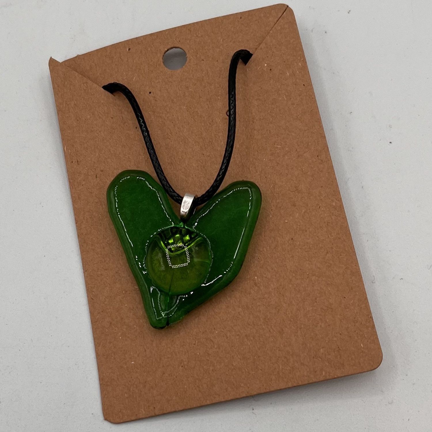 Annie Baxter, Fused Glass Pendant, Green Heart
