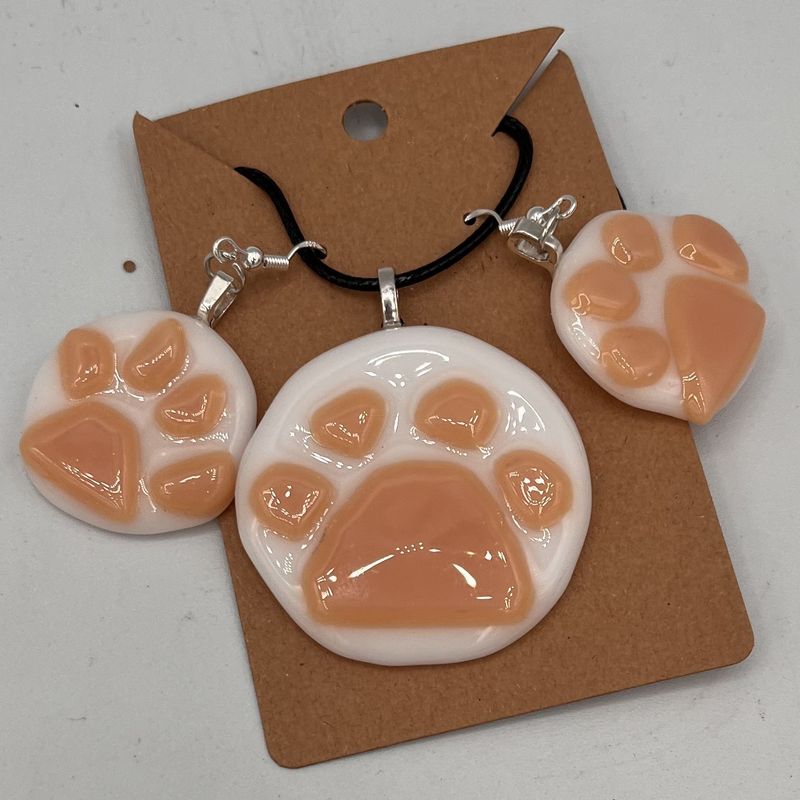 Kara Burgdorf, Fused Glass Jewelry Set, Pink Paws