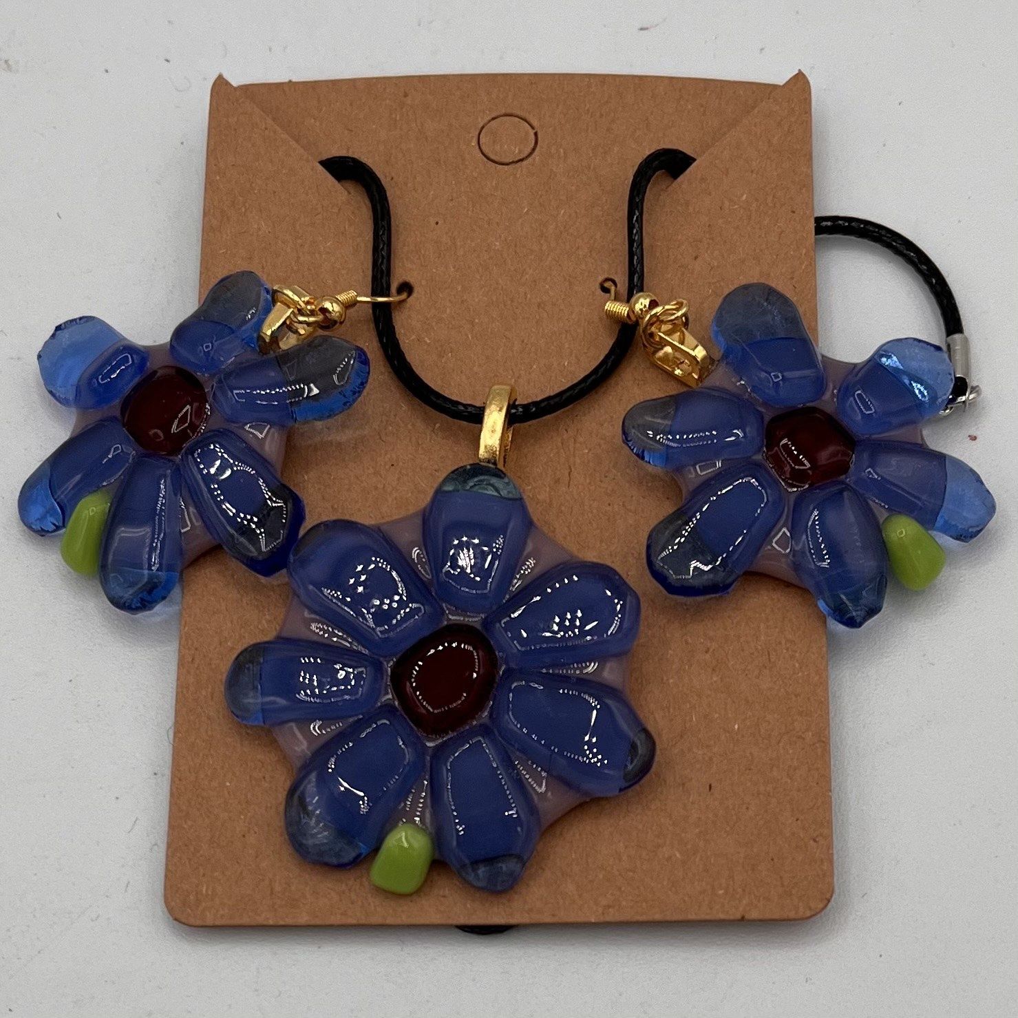 Brett Garrett, Fused Glass Jewelry Set, Blue Flowers