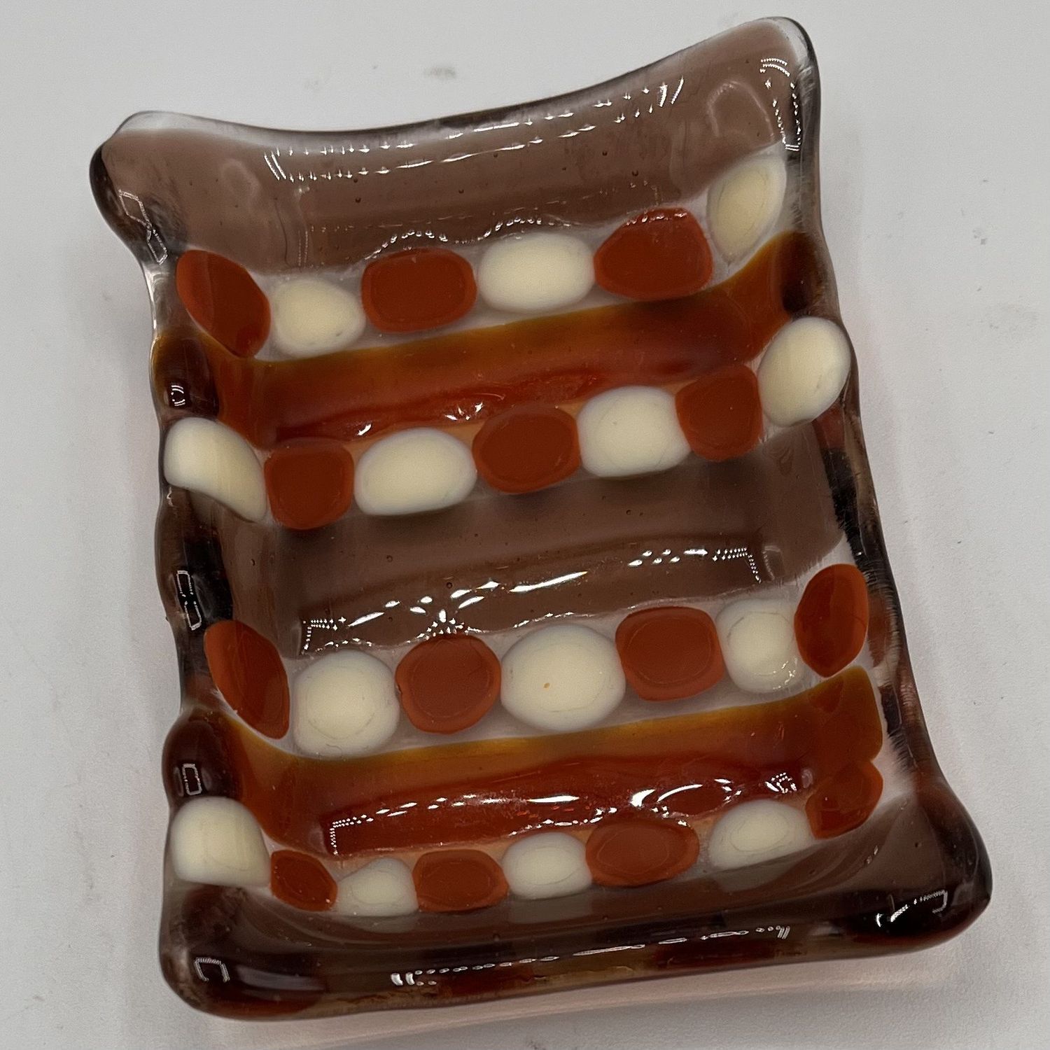 Nathan Strother, Fused Glass Soap Dish, Brown and White Shapes