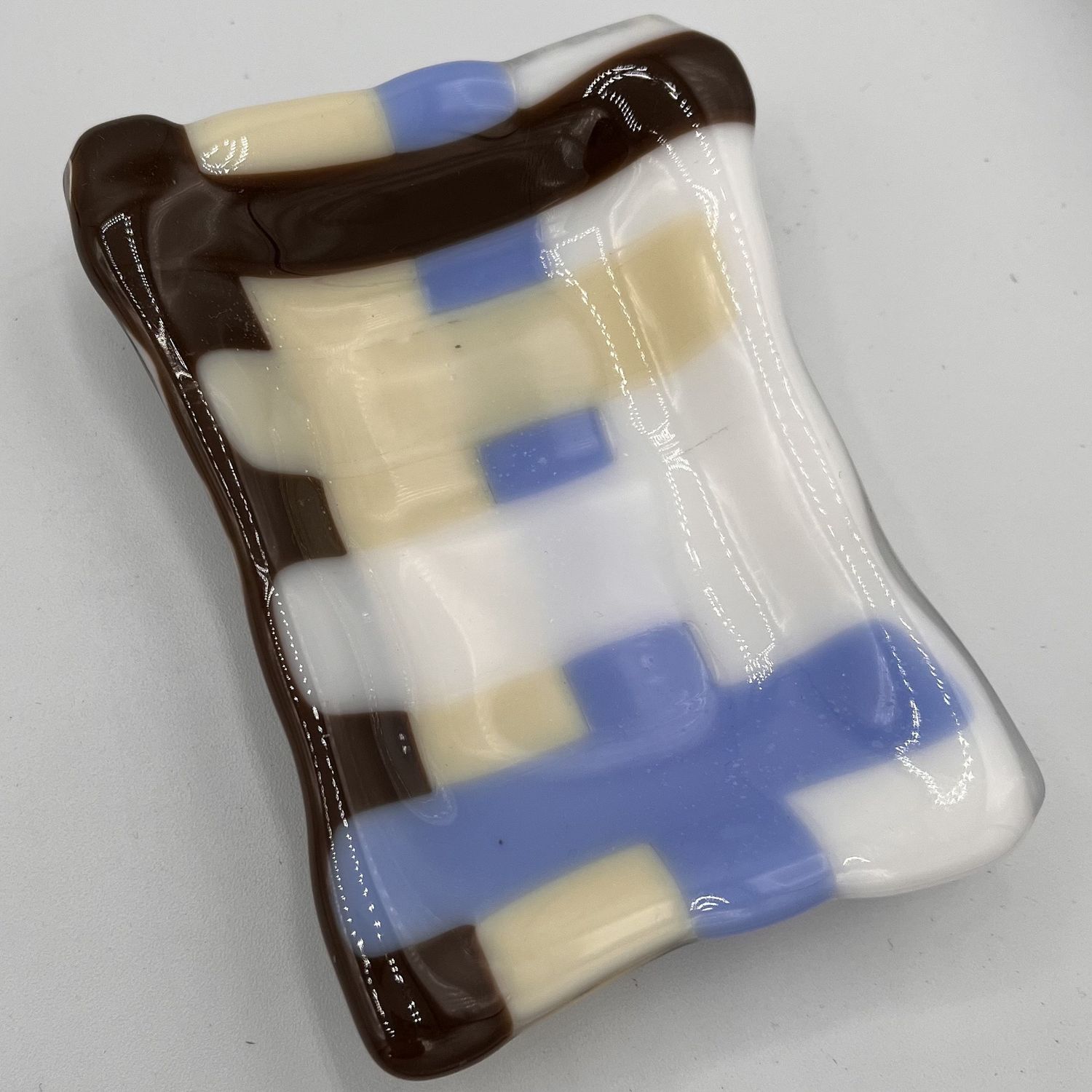 Alphonso Rowe, Fused Glass Soap Dish, Blue, Brown and White Lines