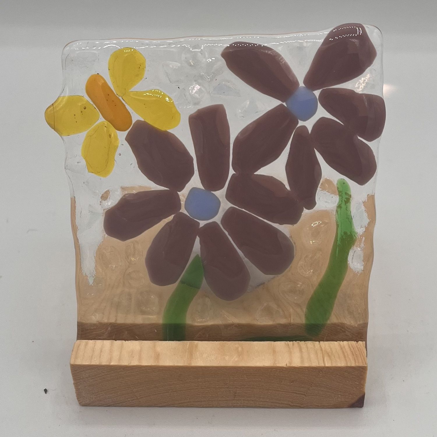 Gabby Adams-Hubbard, Fused Glass Stand Piece, Purple Flowers and Yellow Butterfly